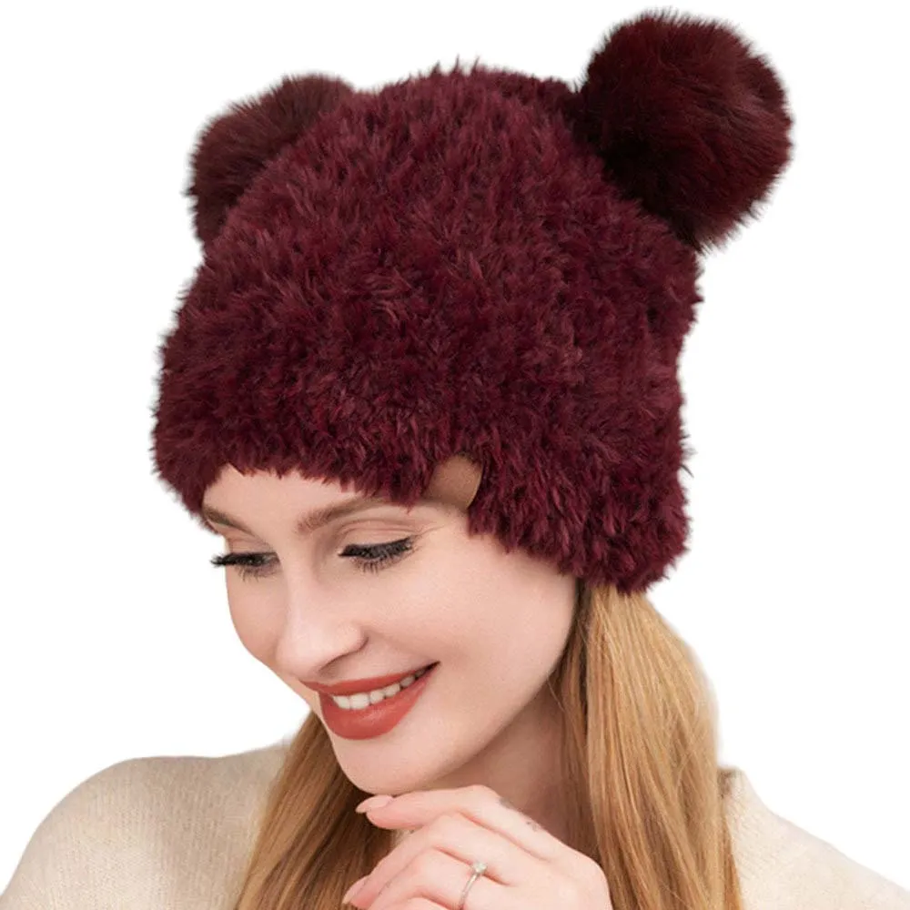 Faux Fur Pom Pom Ear Beanie Hat