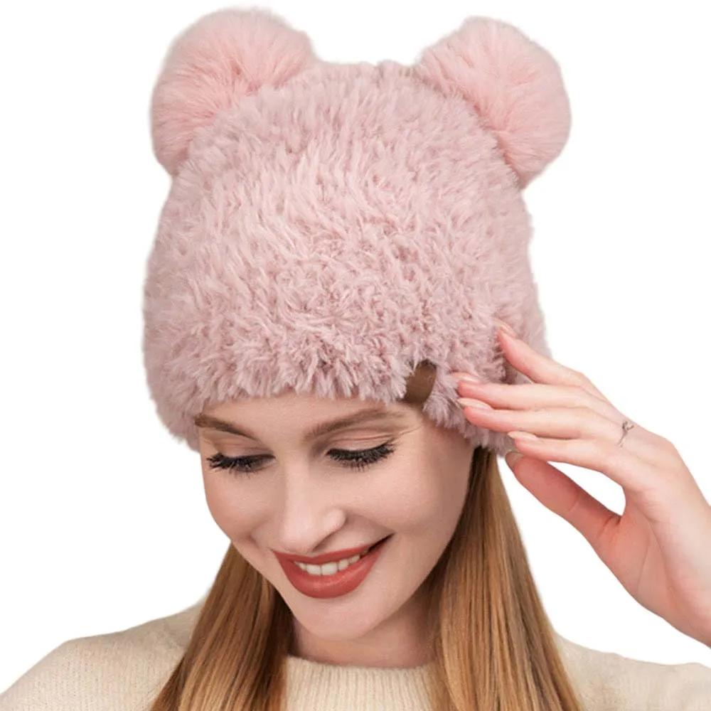 Faux Fur Pom Pom Ear Beanie Hat