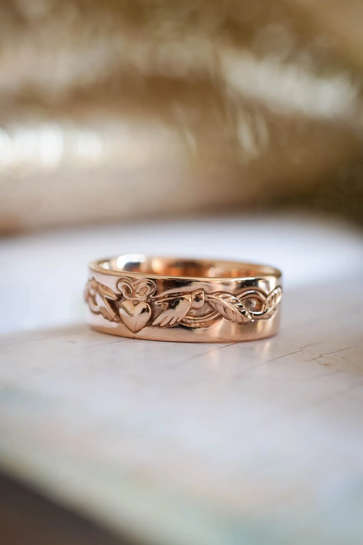 Gold Claddagh ring for men, Celtic wedding band