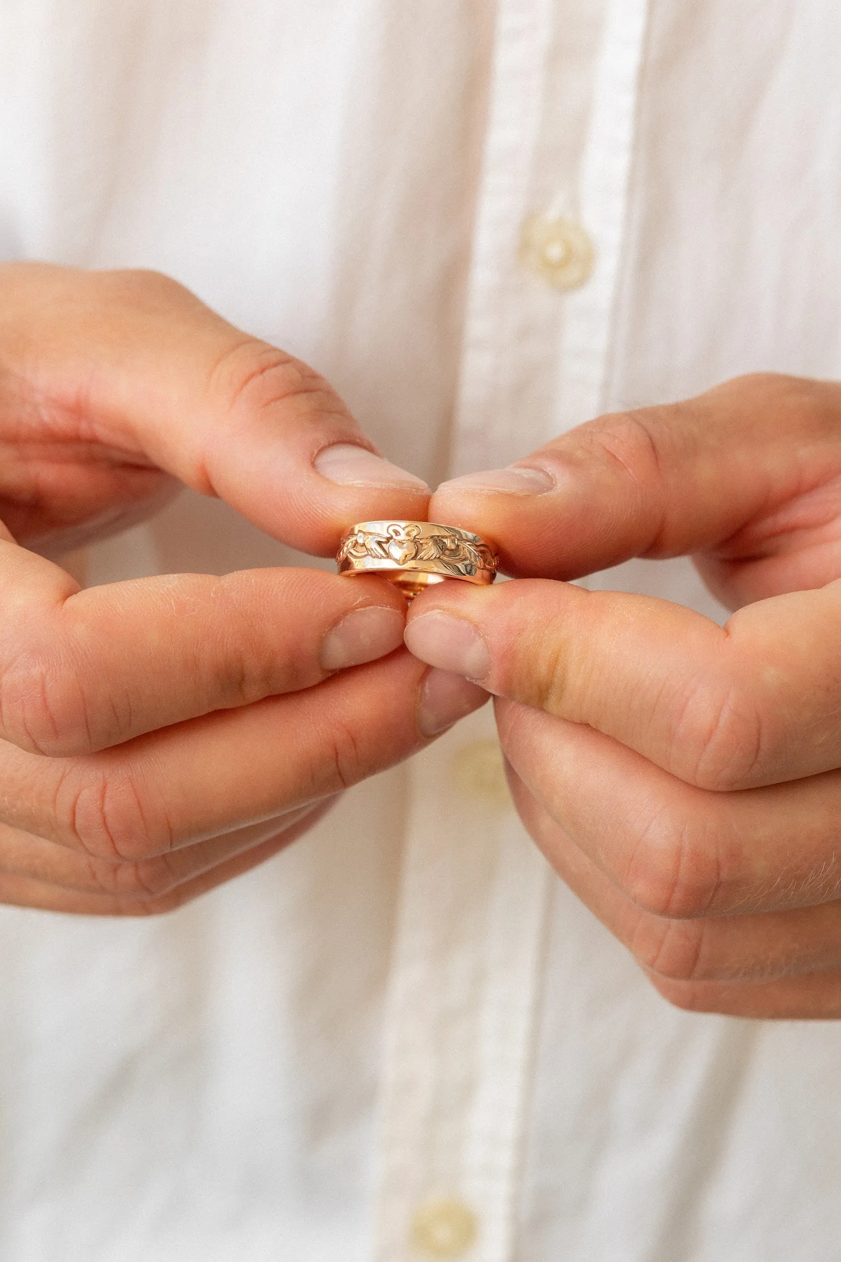 Gold Claddagh ring for men, Celtic wedding band