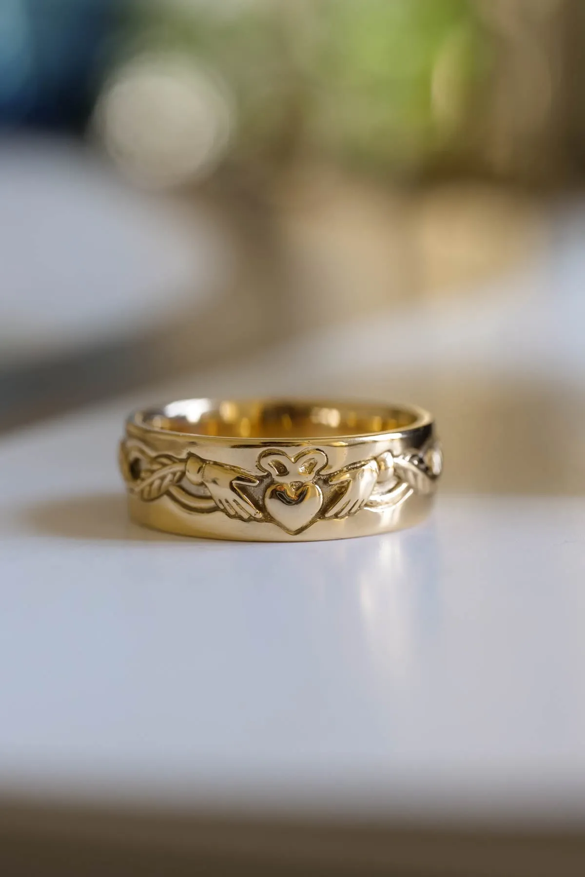 Gold Claddagh ring for men, Celtic wedding band