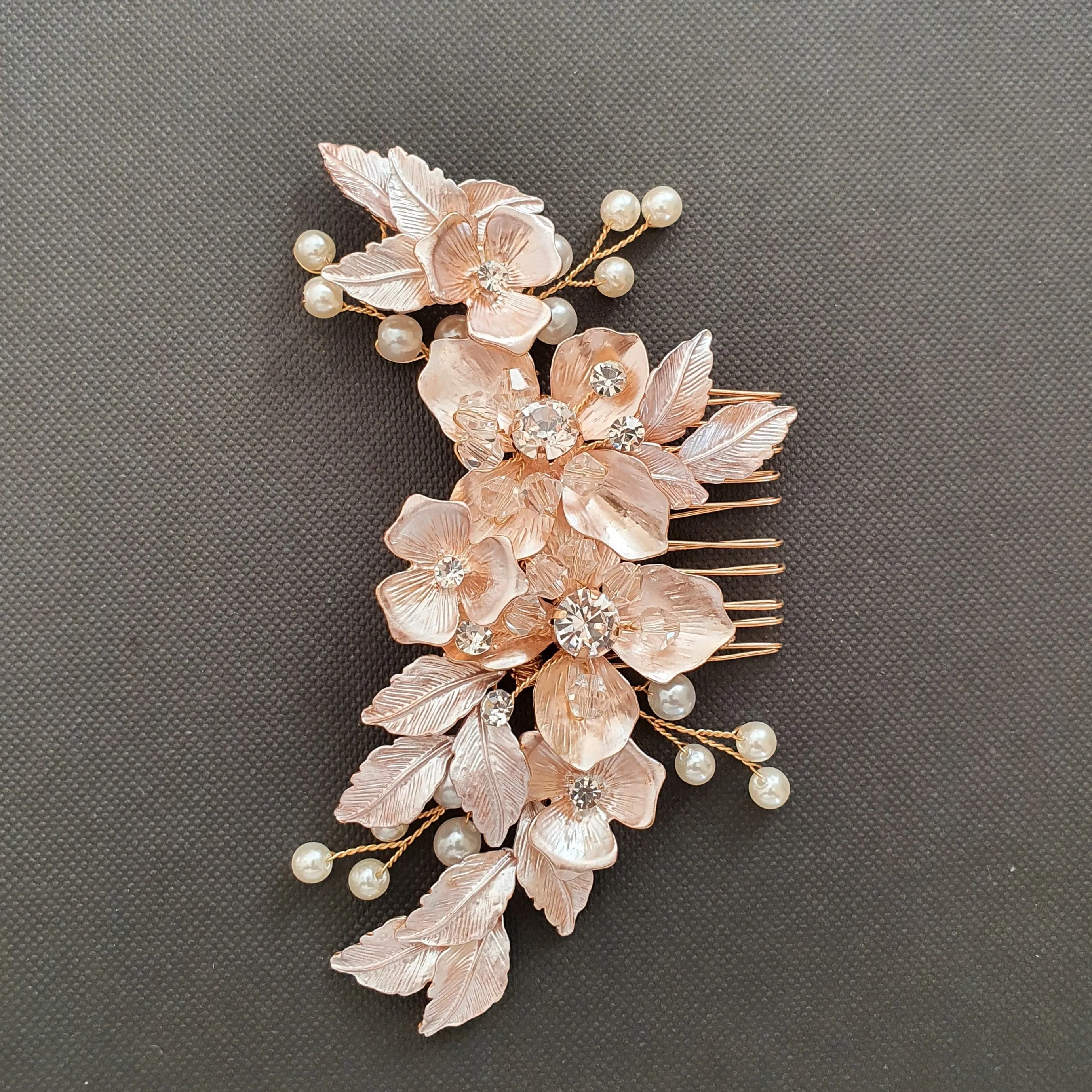 Gold Hair Comb with Flower and Leaf-Azalea