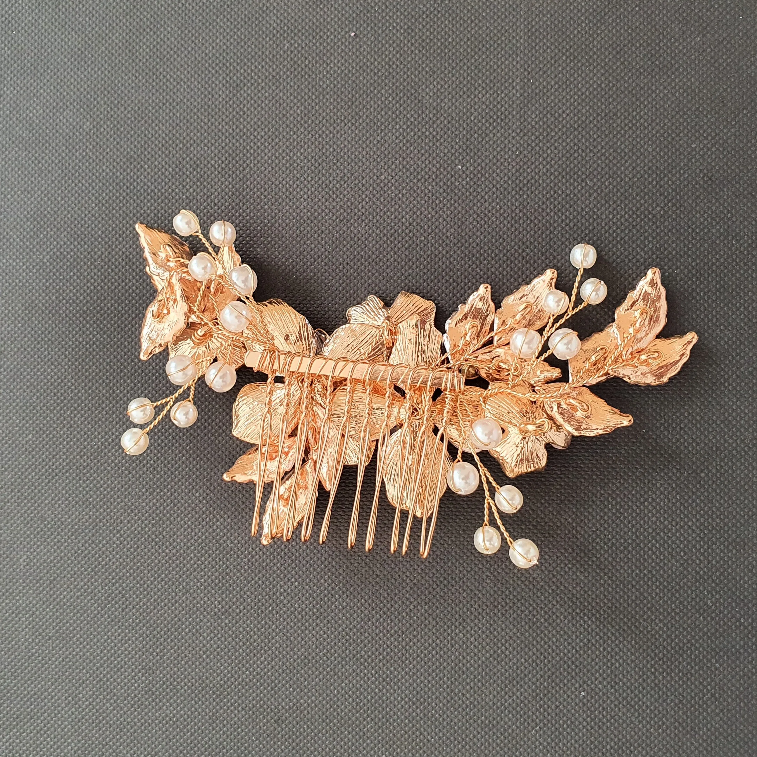 Gold Hair Comb with Flower and Leaf-Azalea