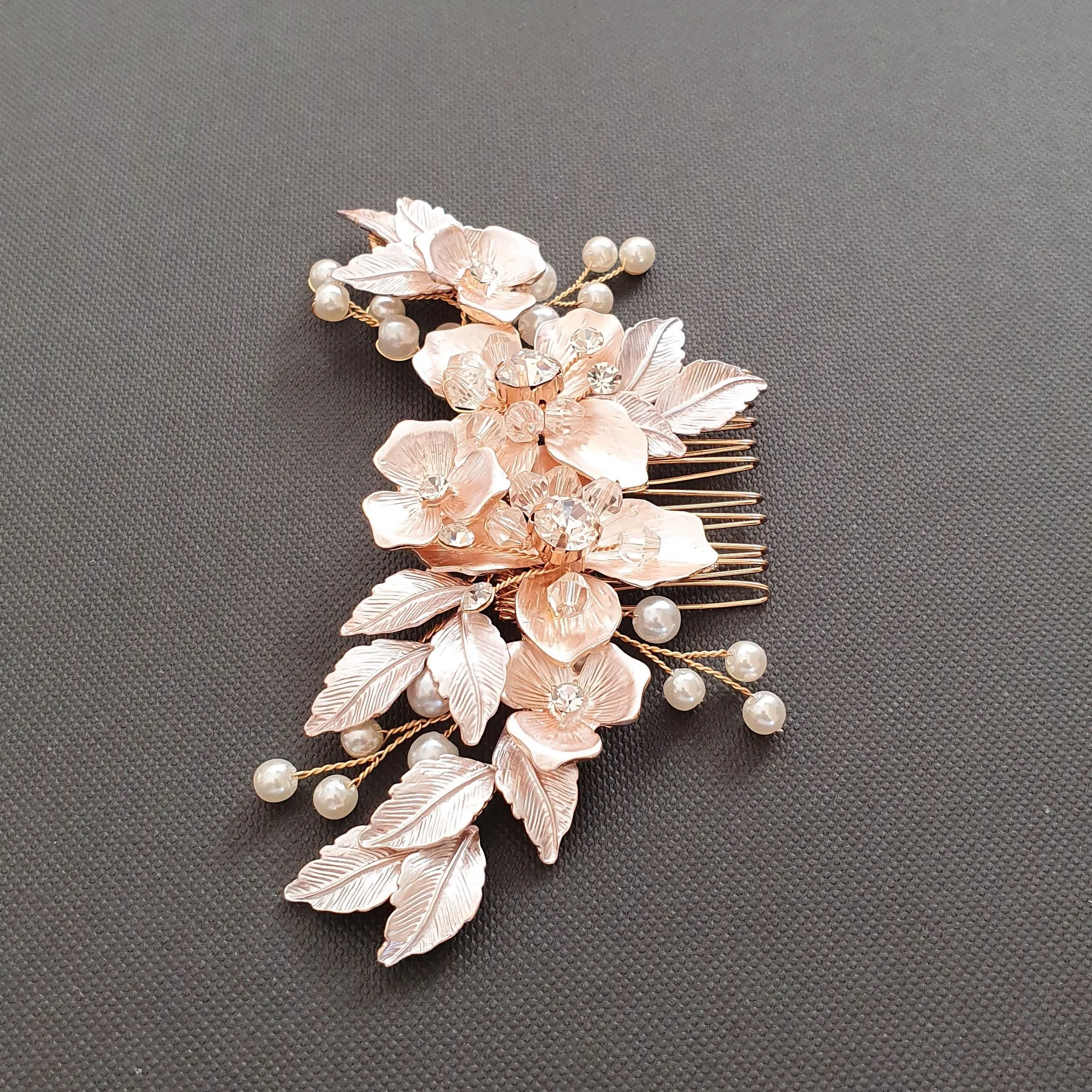 Gold Hair Comb with Flower and Leaf-Azalea