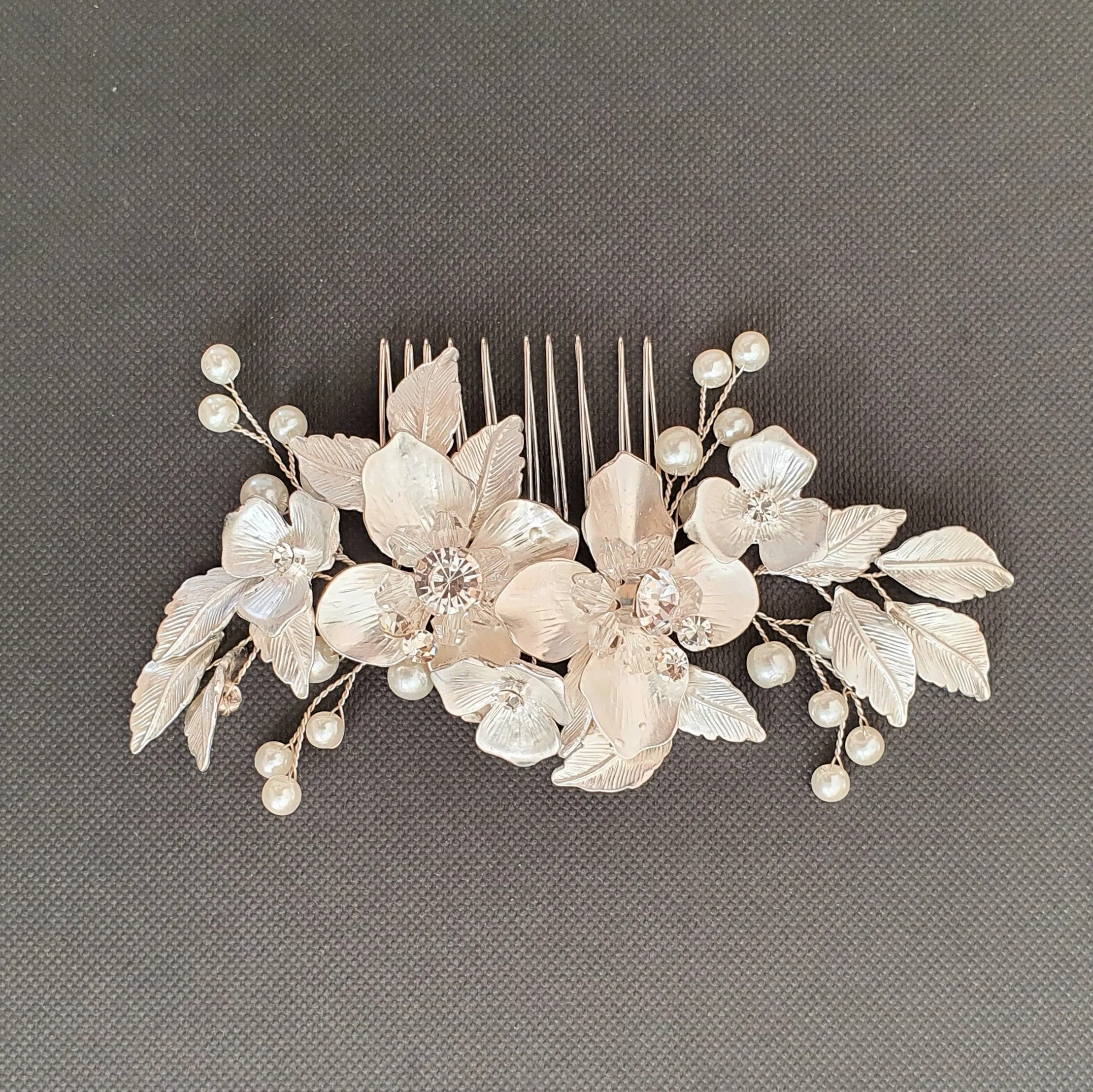 Gold Hair Comb with Flower and Leaf-Azalea