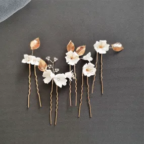 Gold Wedding Hair Pins with White Flowers-Magnolia