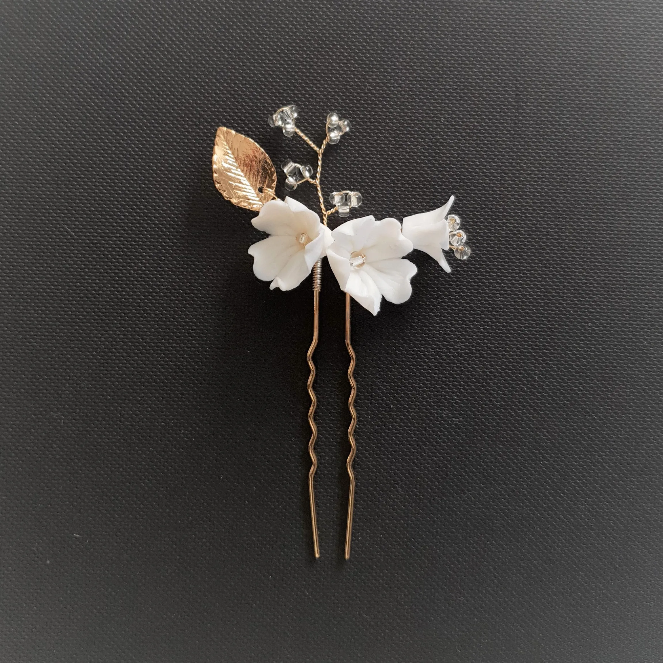 Gold Wedding Hair Pins with White Flowers-Magnolia