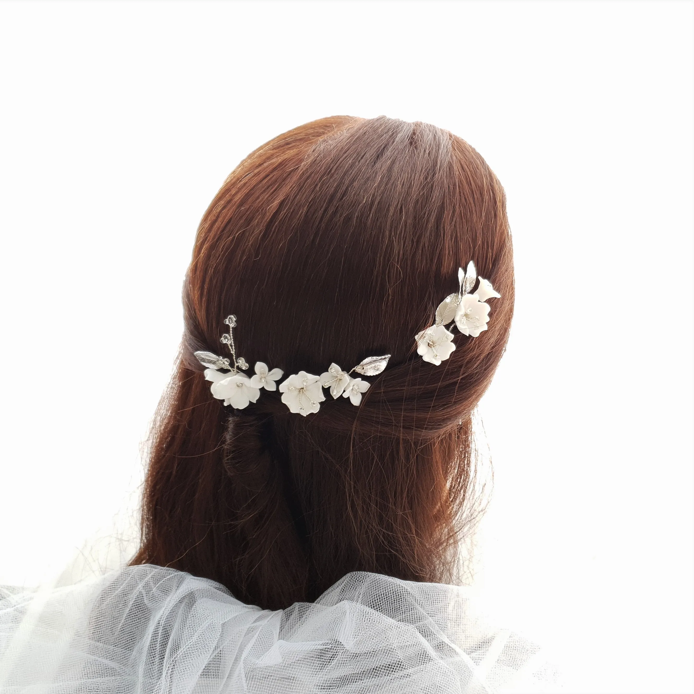 Gold Wedding Hair Pins with White Flowers-Magnolia