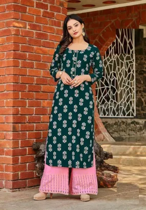 Gorgeous Dark Green Rayon Flex Printed Kurti With Pink Palazzo Pants