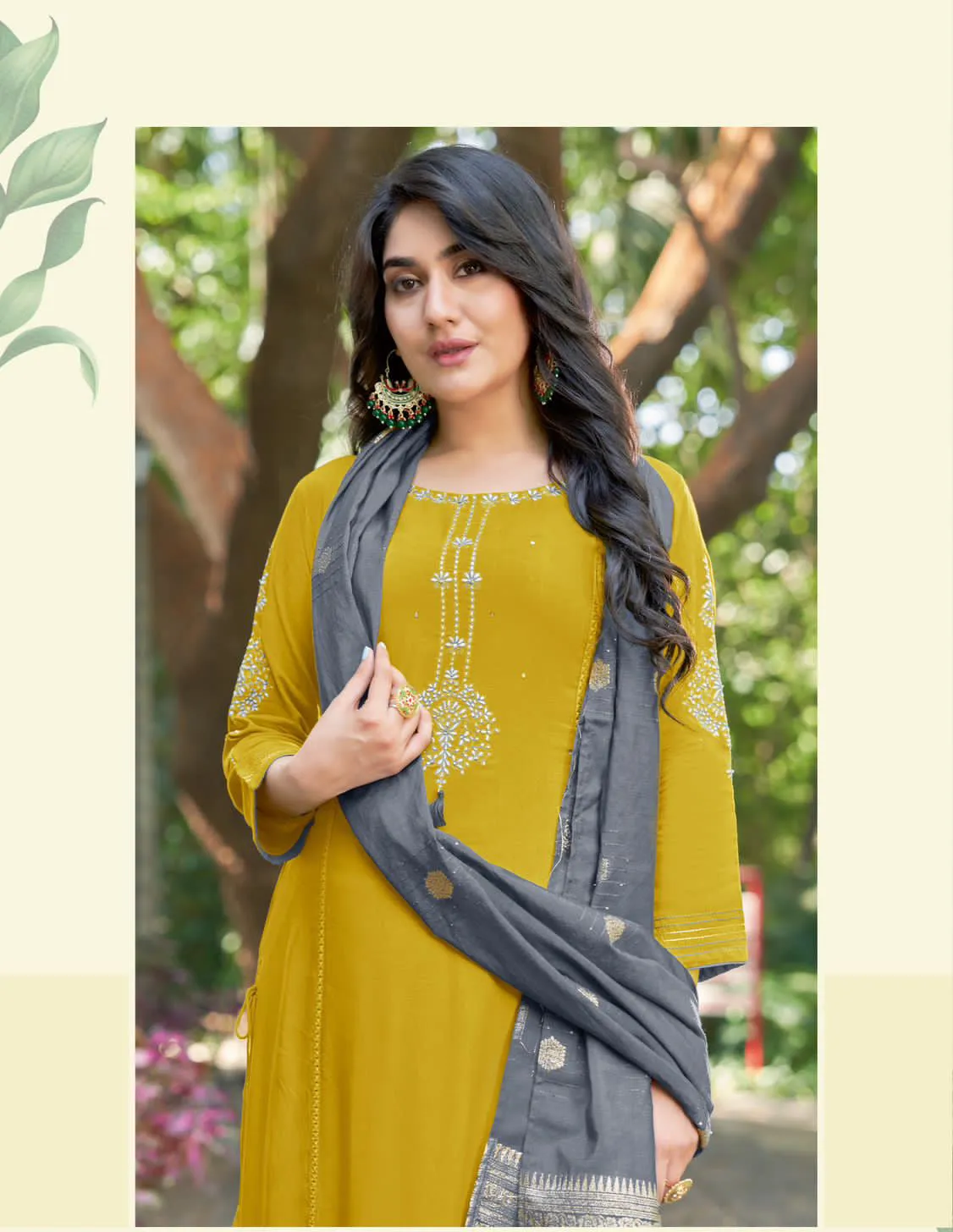 Gorgeous Mustard Yellow Color Heavy Rayon With Embroidery And Handwork Palazzo Suits For Women