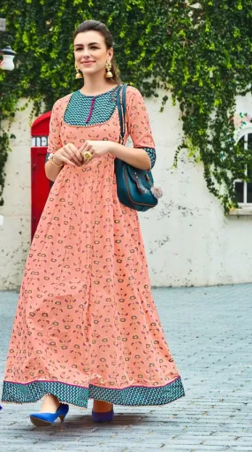 Gorgeous Pink Color Cotton Printed Long Dress