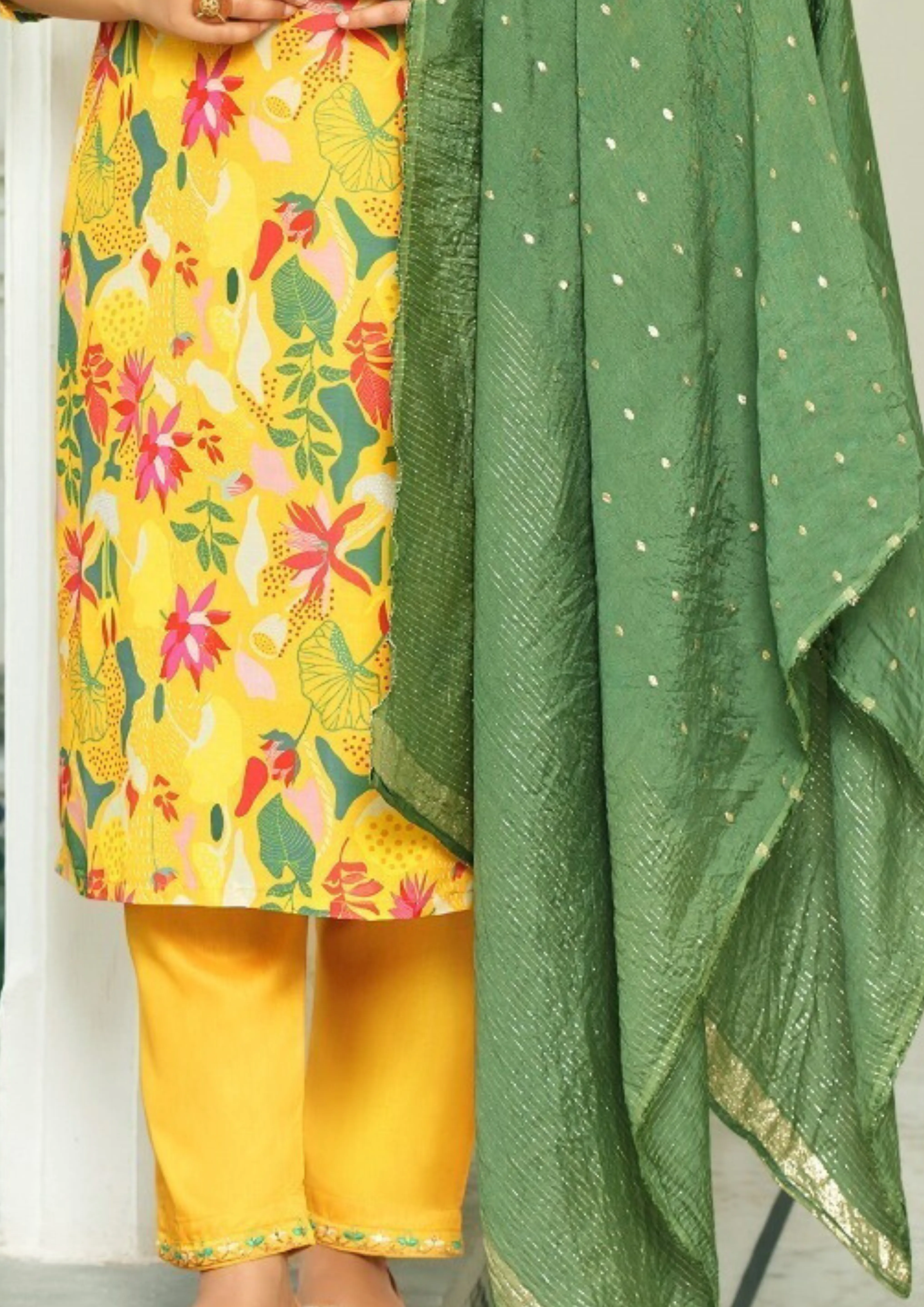 Gorgeous Yellow Color Straight Kurthi With Pant And Fancy Jacquard Dupatta For Women