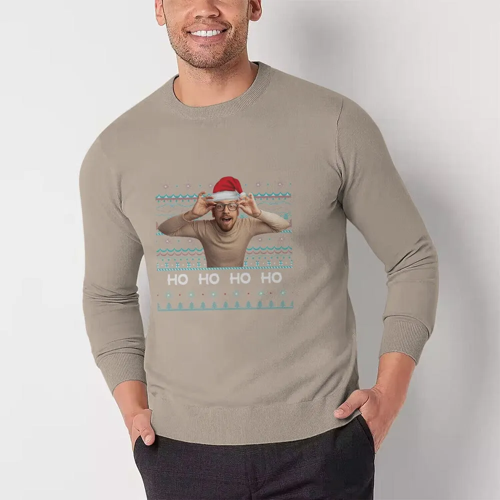 [High Quality]Custom Photo Christmas Round Neck Sweater for Men Ho Ho Ho Personalized Long Sleeve Ugly Sweater Tops