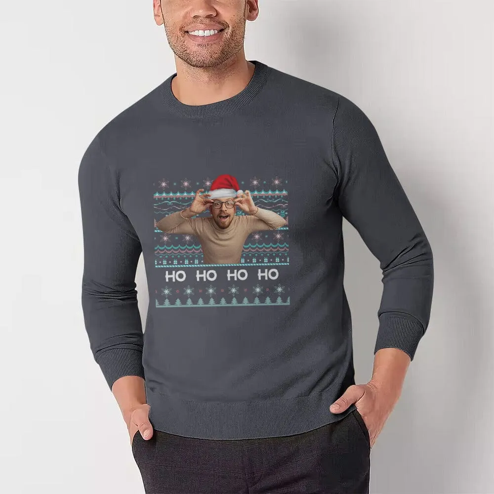 [High Quality]Custom Photo Christmas Round Neck Sweater for Men Ho Ho Ho Personalized Long Sleeve Ugly Sweater Tops