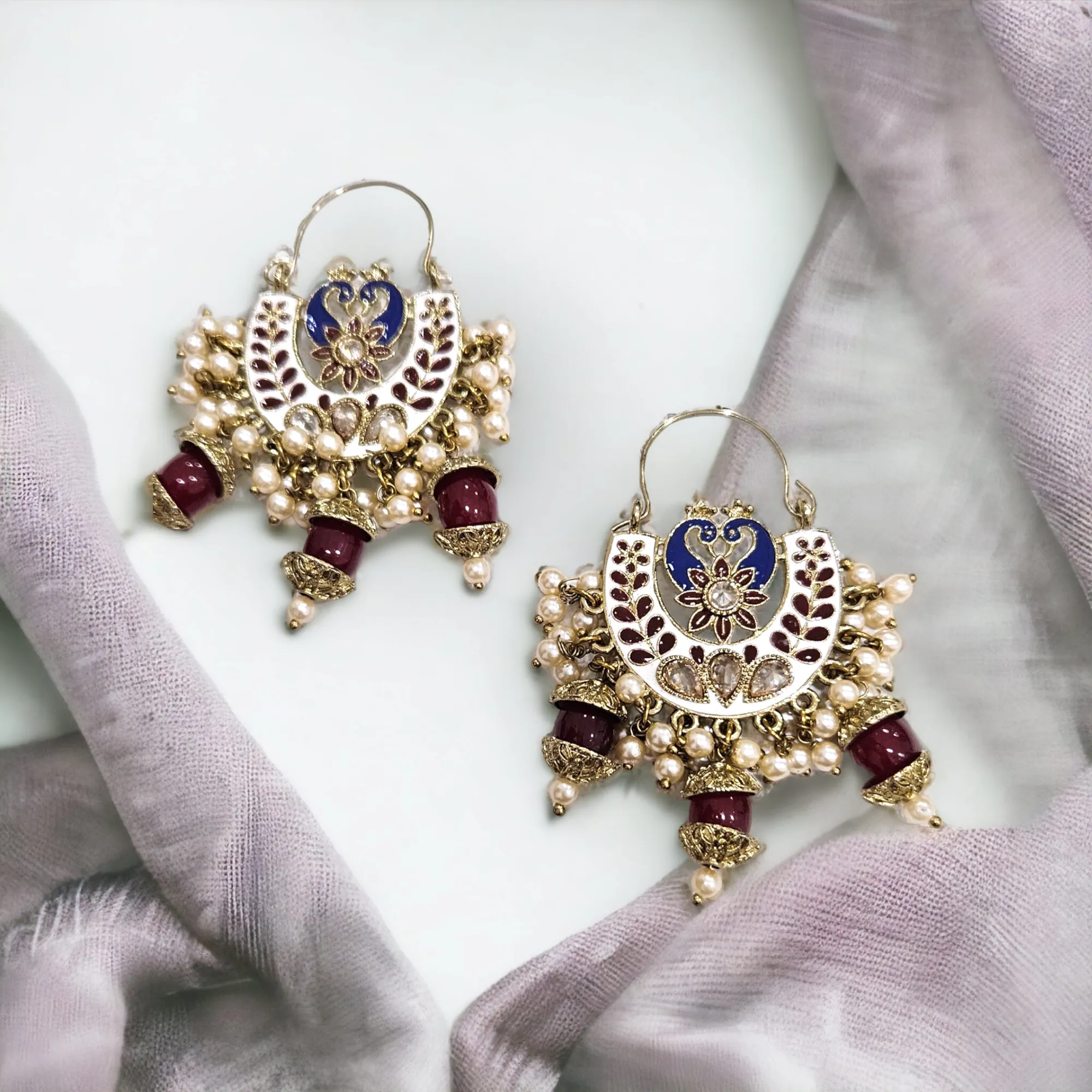 Hoop Styled meenakari Jhumka with peacock design-Maroon