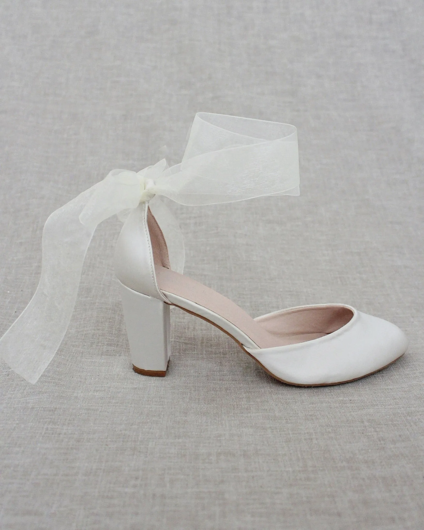 Ivory Satin Block Heel with Wrapped Ankle Tie