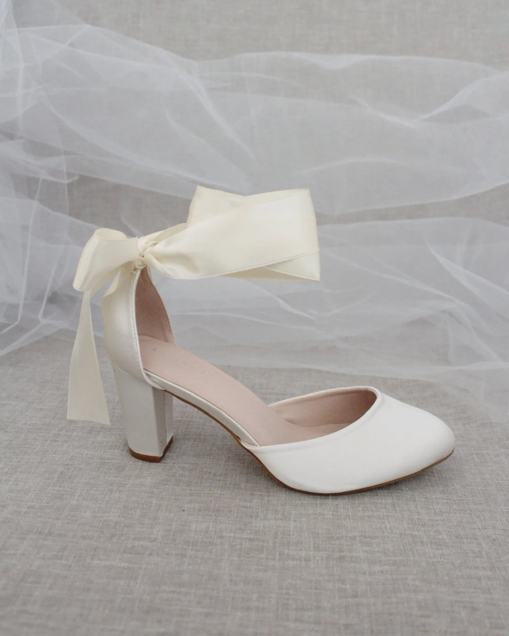 Ivory Satin Block Heel with Wrapped Ankle Tie