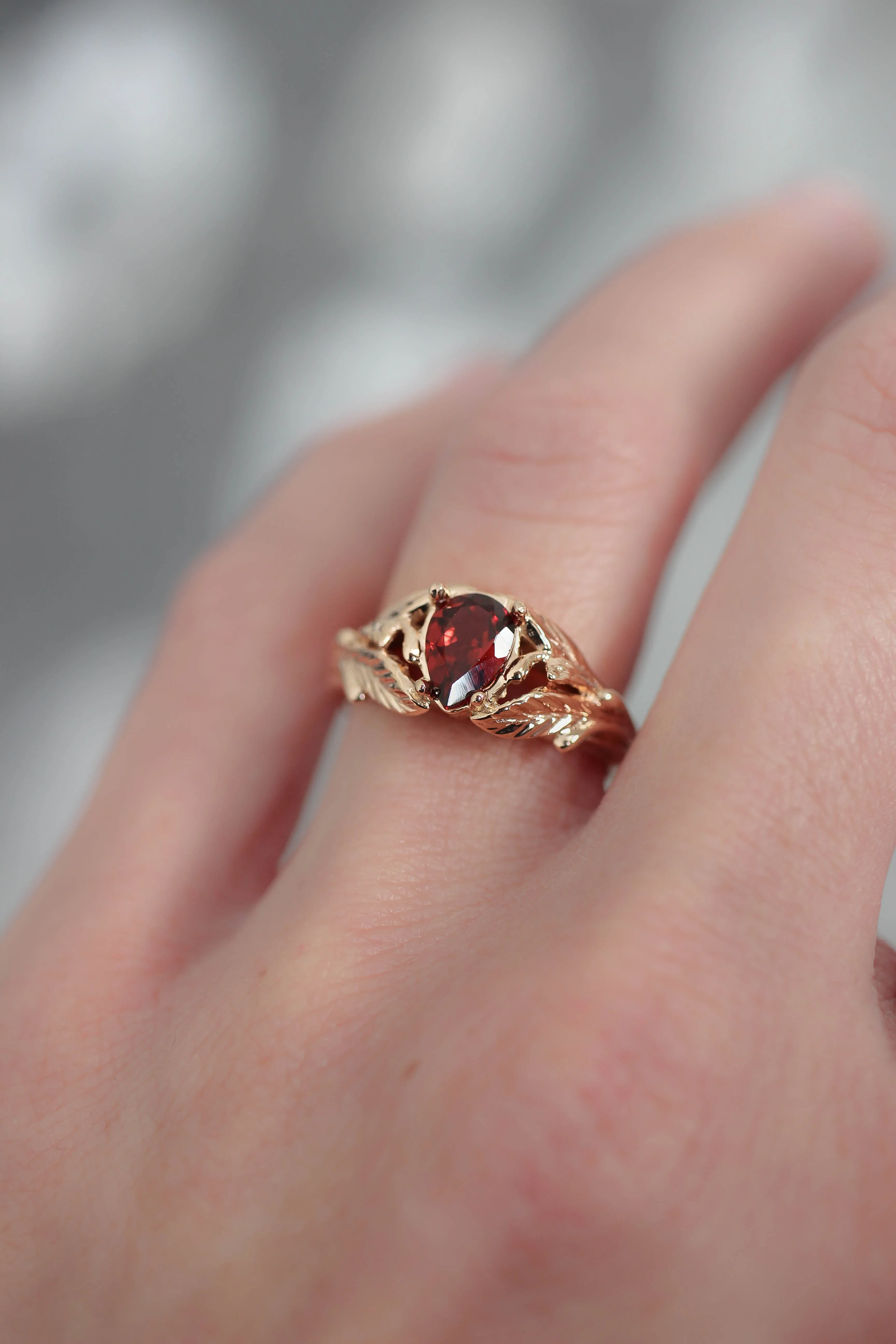 Leaf engagement ring with pear cut garnet / Wisteria