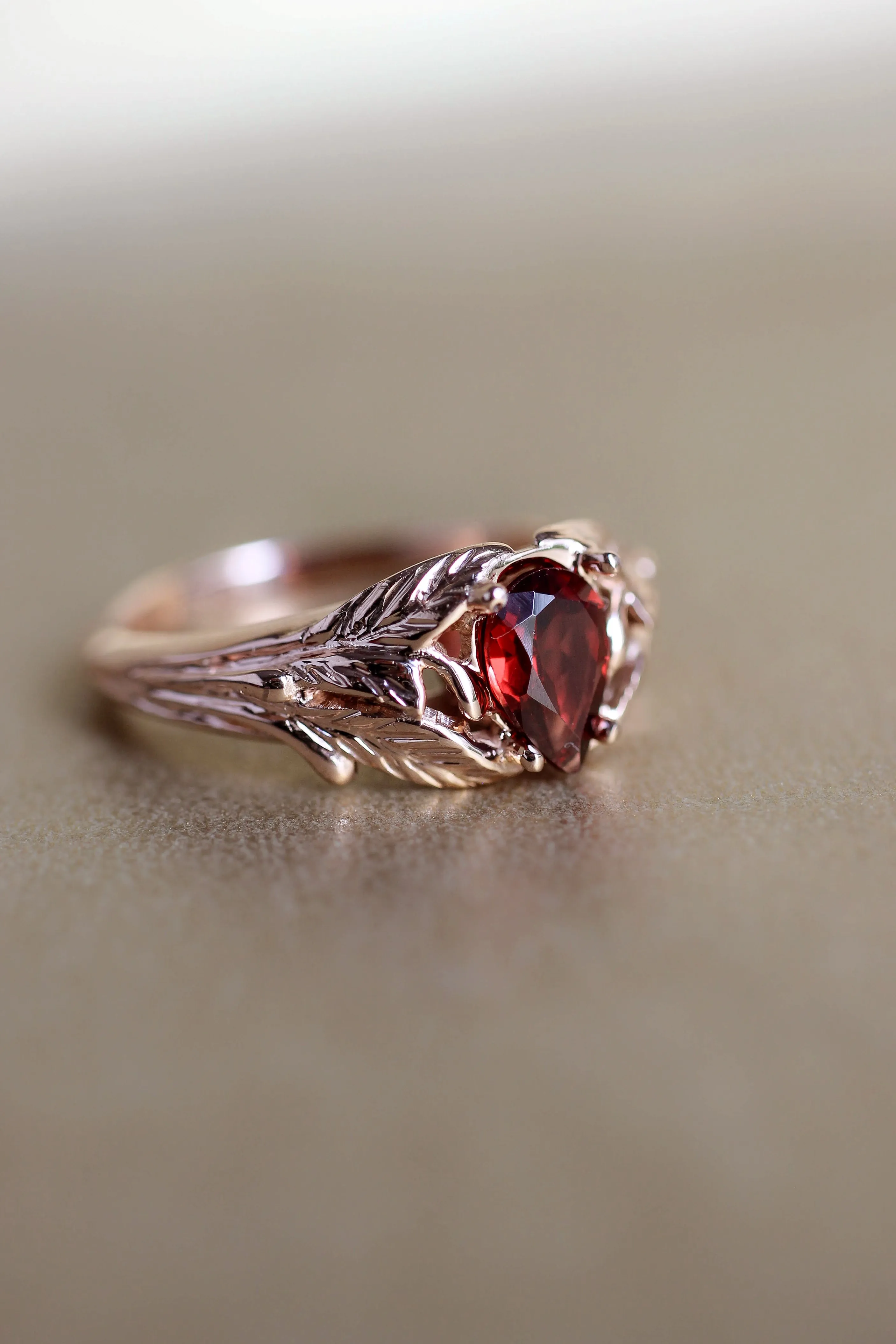 Leaf engagement ring with pear cut garnet / Wisteria