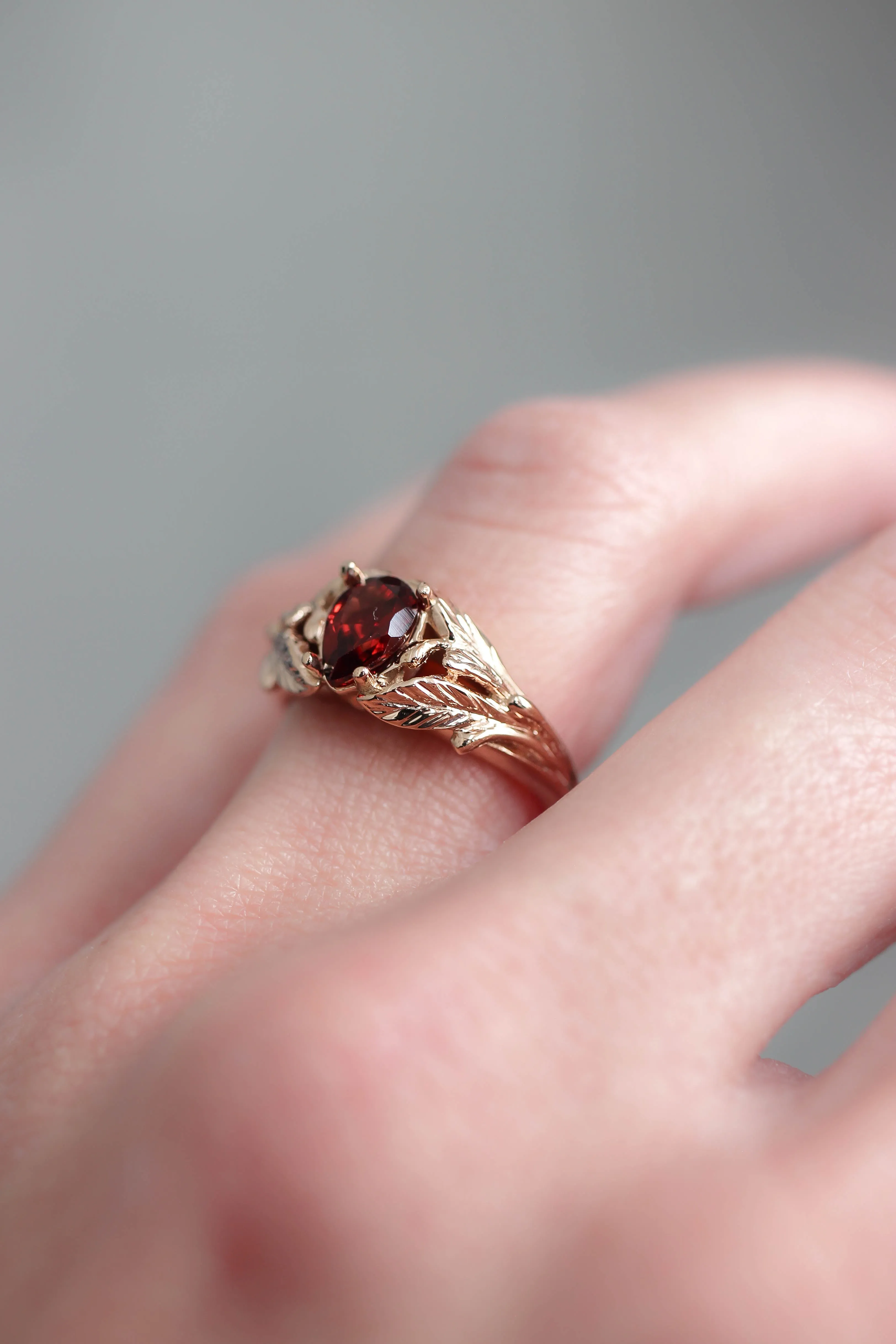 Leaf engagement ring with pear cut garnet / Wisteria