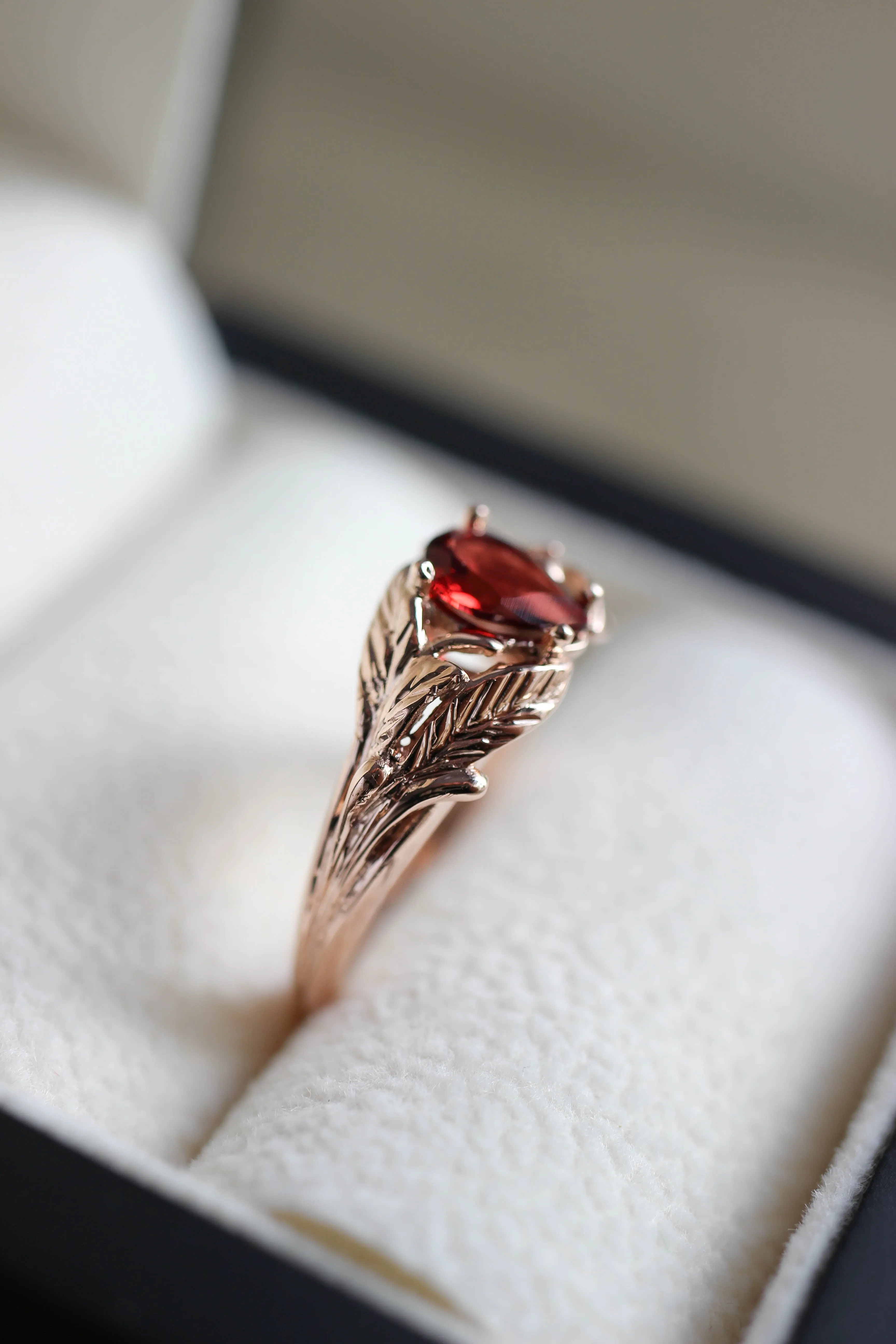 Leaf engagement ring with pear cut garnet / Wisteria