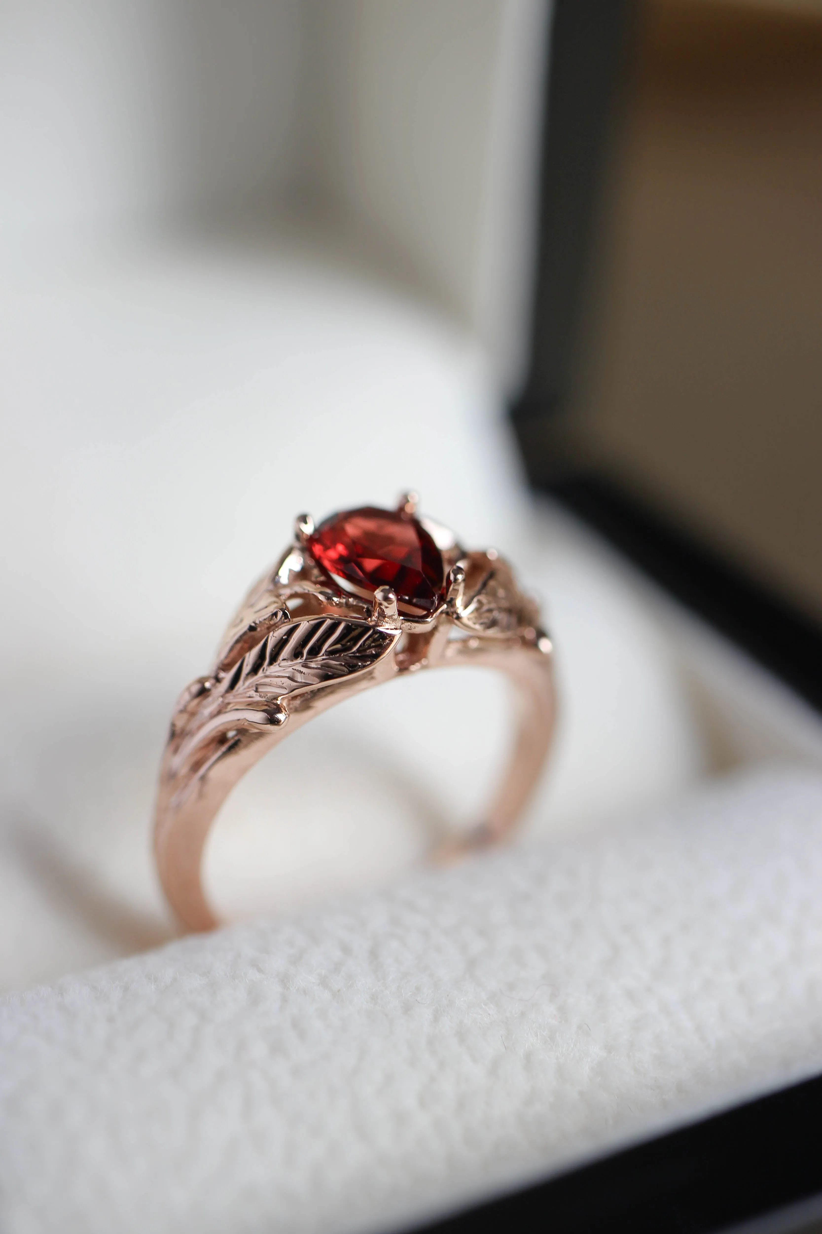 Leaf engagement ring with pear cut garnet / Wisteria