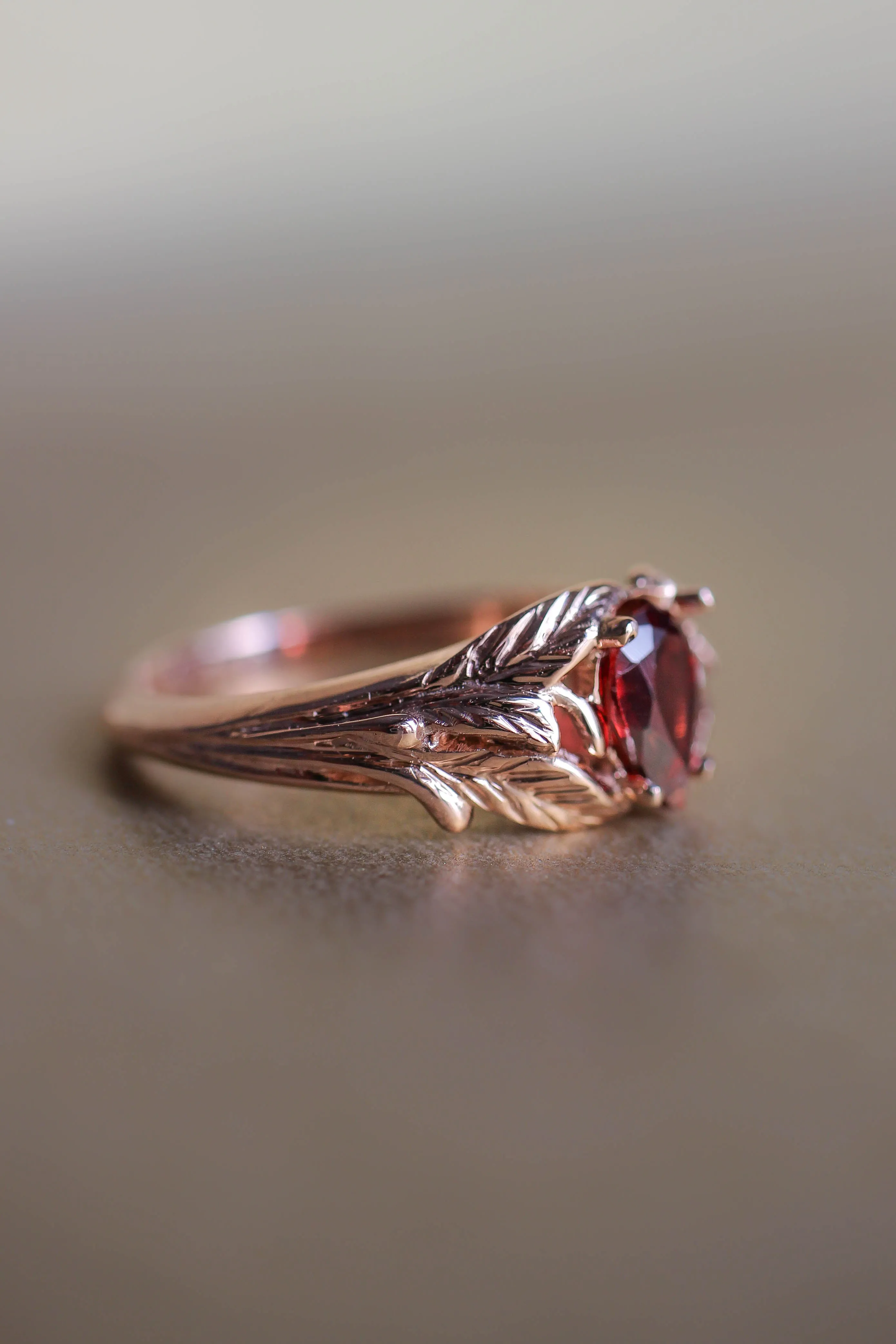 Leaf engagement ring with pear cut garnet / Wisteria