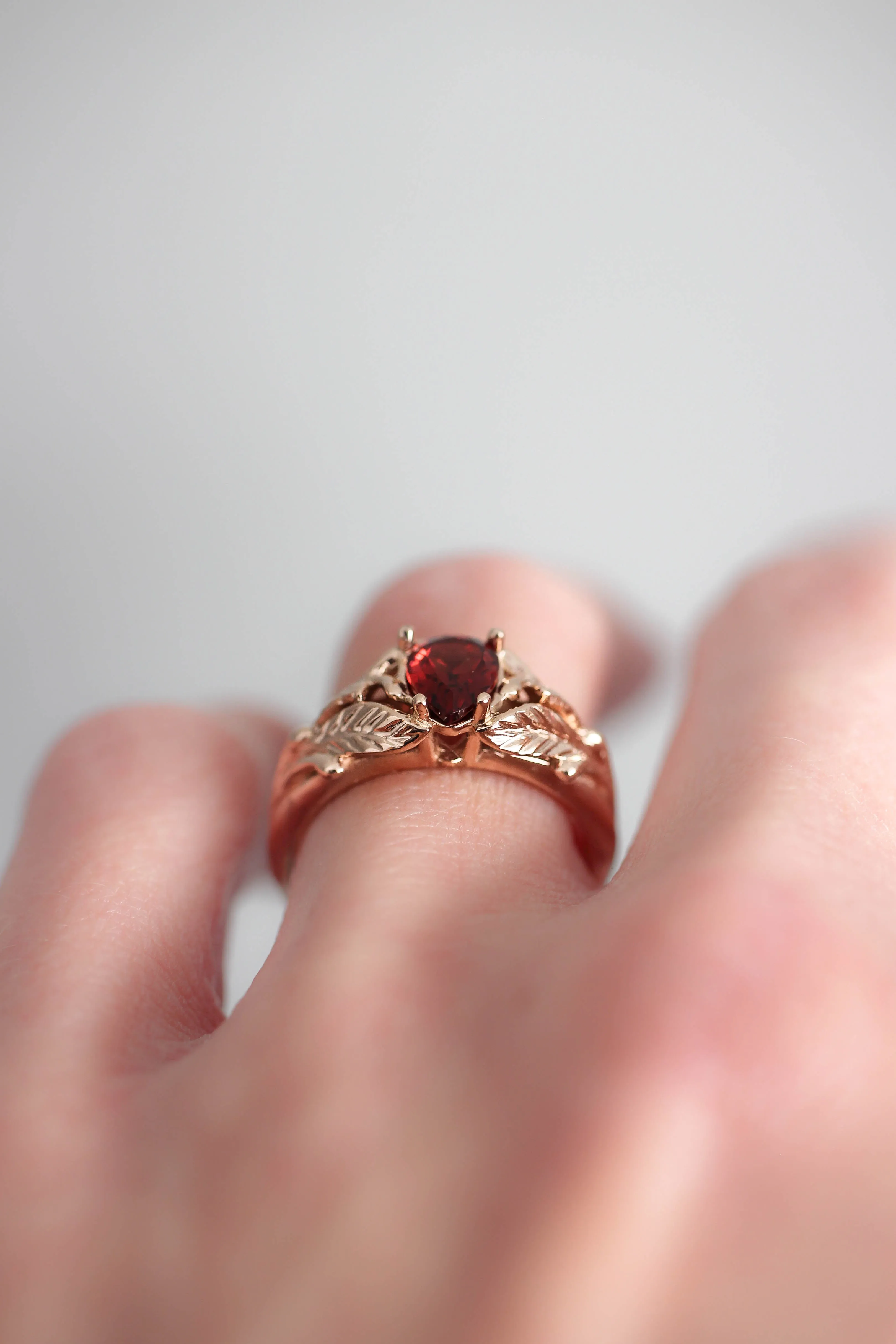 Leaf engagement ring with pear cut garnet / Wisteria