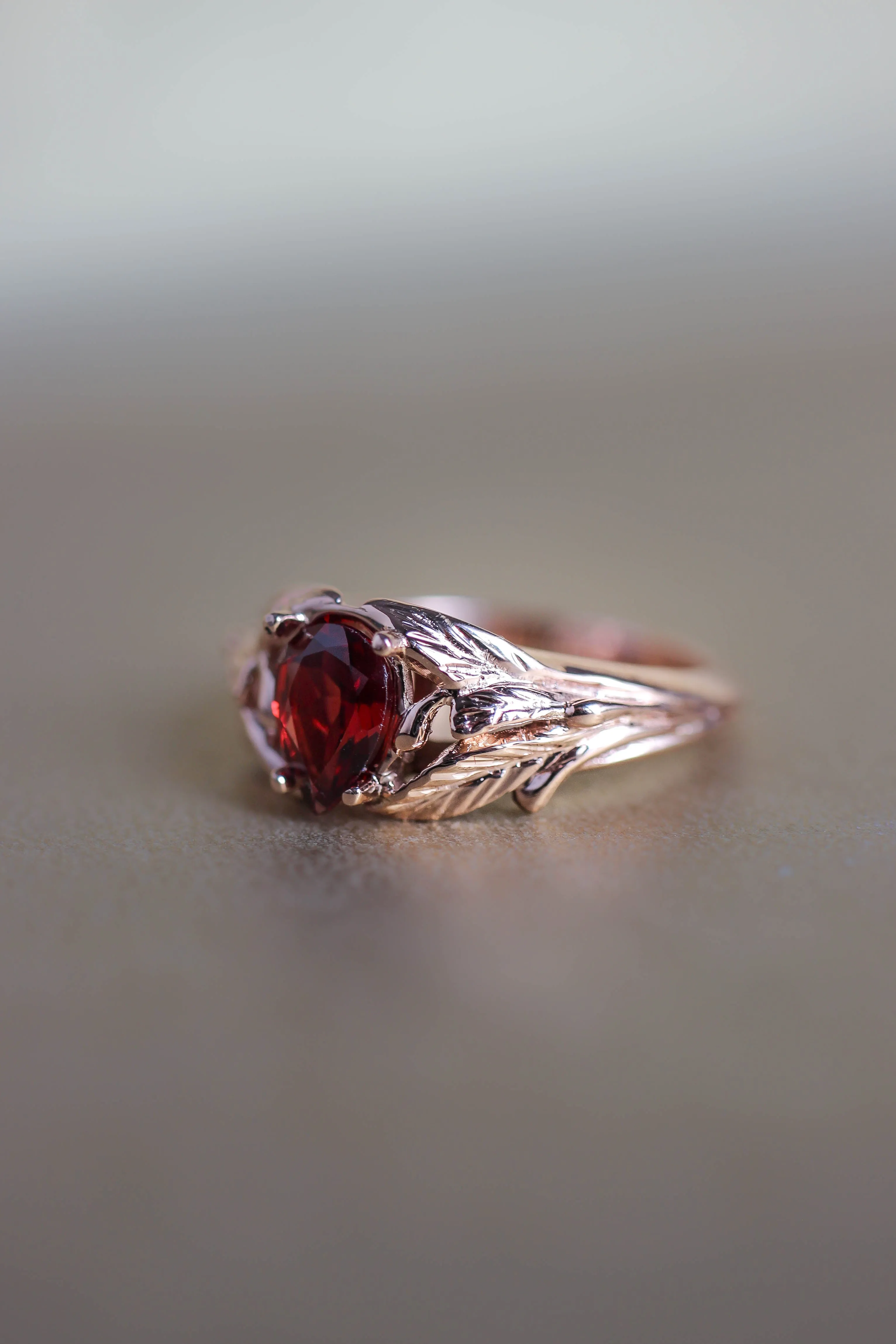 Leaf engagement ring with pear cut garnet / Wisteria