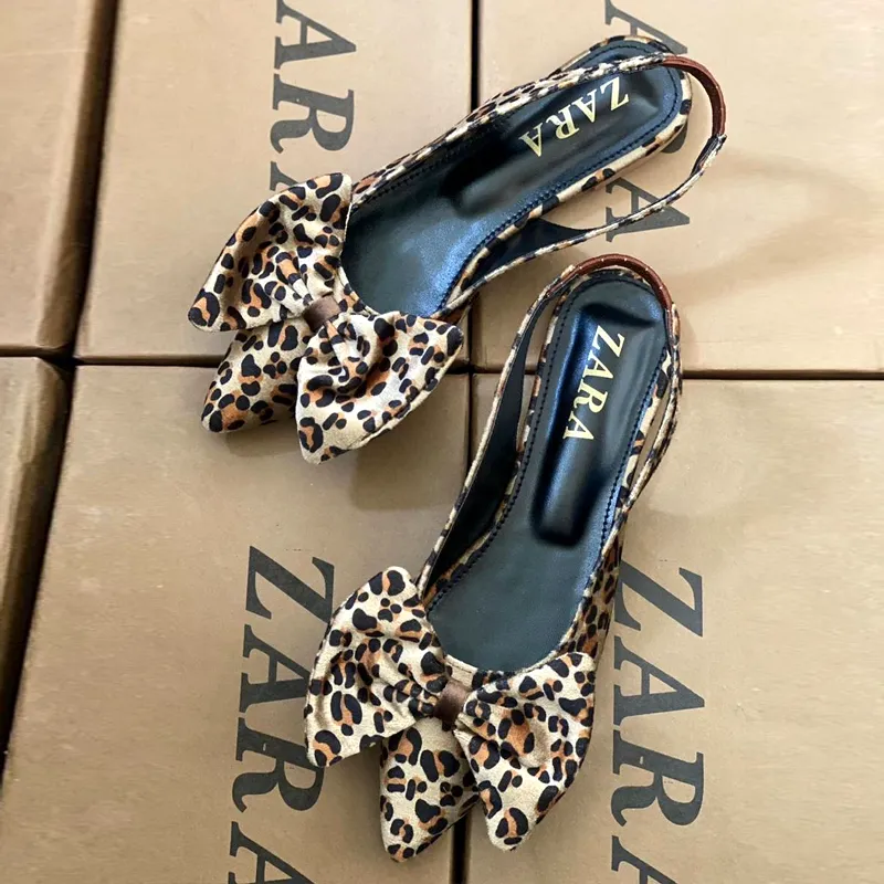 Leopard Print Bows Slingback Flats Shoes