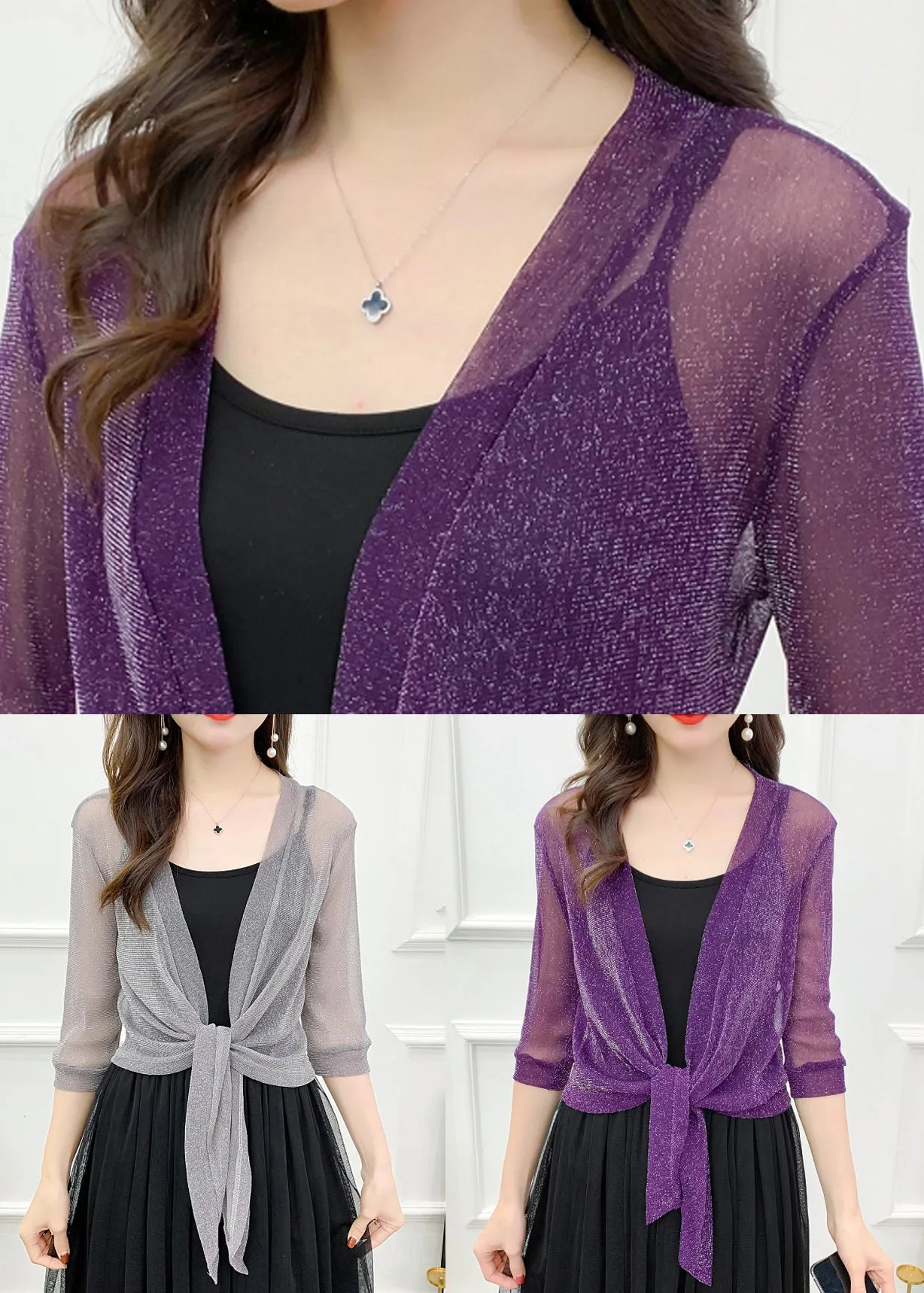 Loose Purple V Neck Bright Silk Tulle Cardigans Summer AS1025