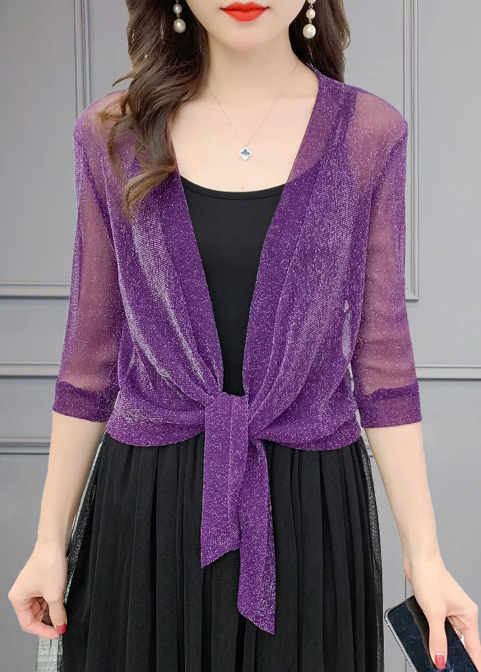 Loose Purple V Neck Bright Silk Tulle Cardigans Summer AS1025