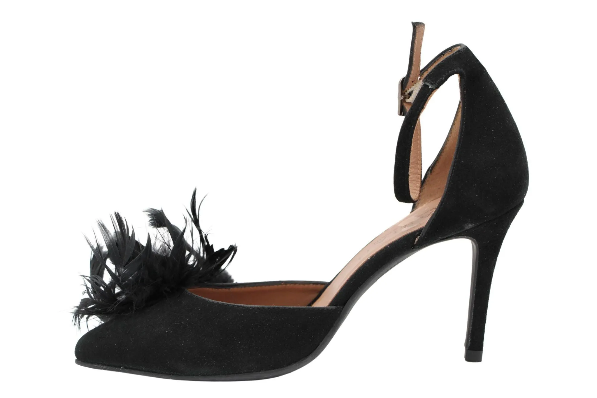 MARIAN Black suede court shoe with strap & feather detail