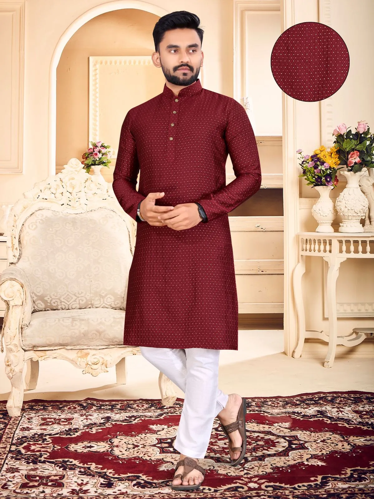 Maroon Jacquard Silk Plain Dotted Design Men's Kurta Pajama Set