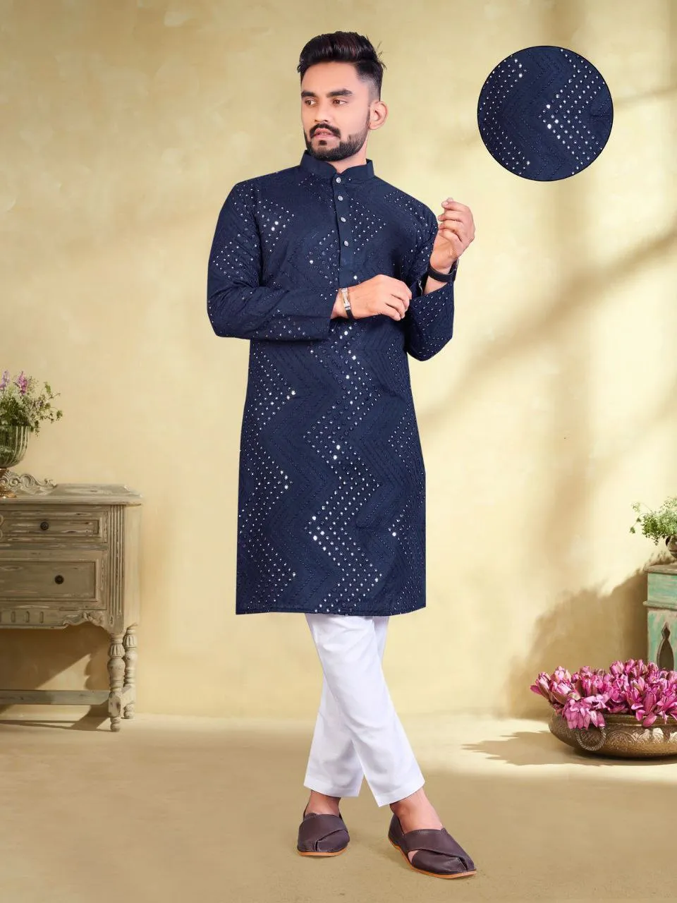 Men's Dark Blue Color Mirror Embroidery Work Cotton Kurta Pajama Set