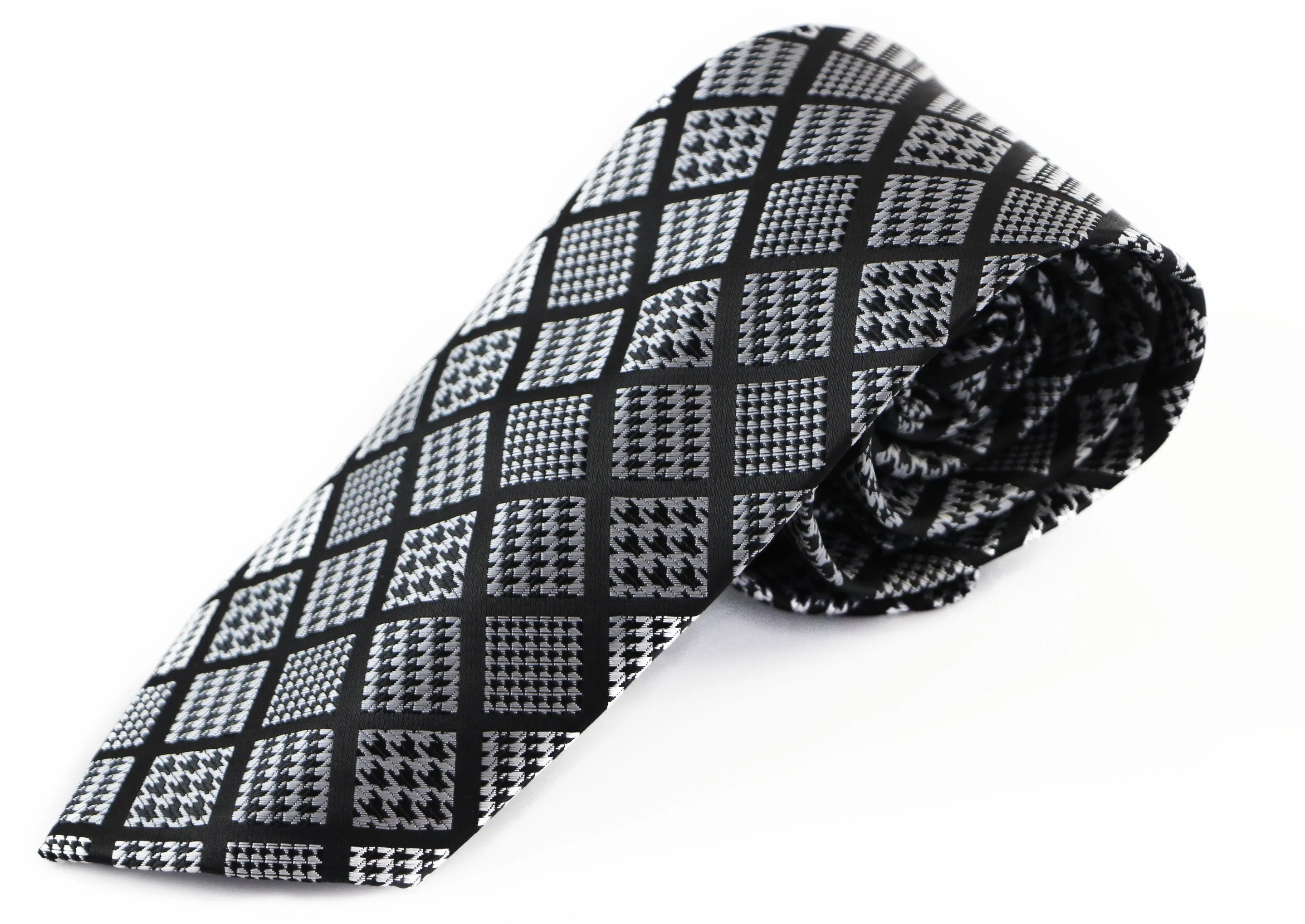 Mens Black & Silver Square Patterned 8cm Neck Tie