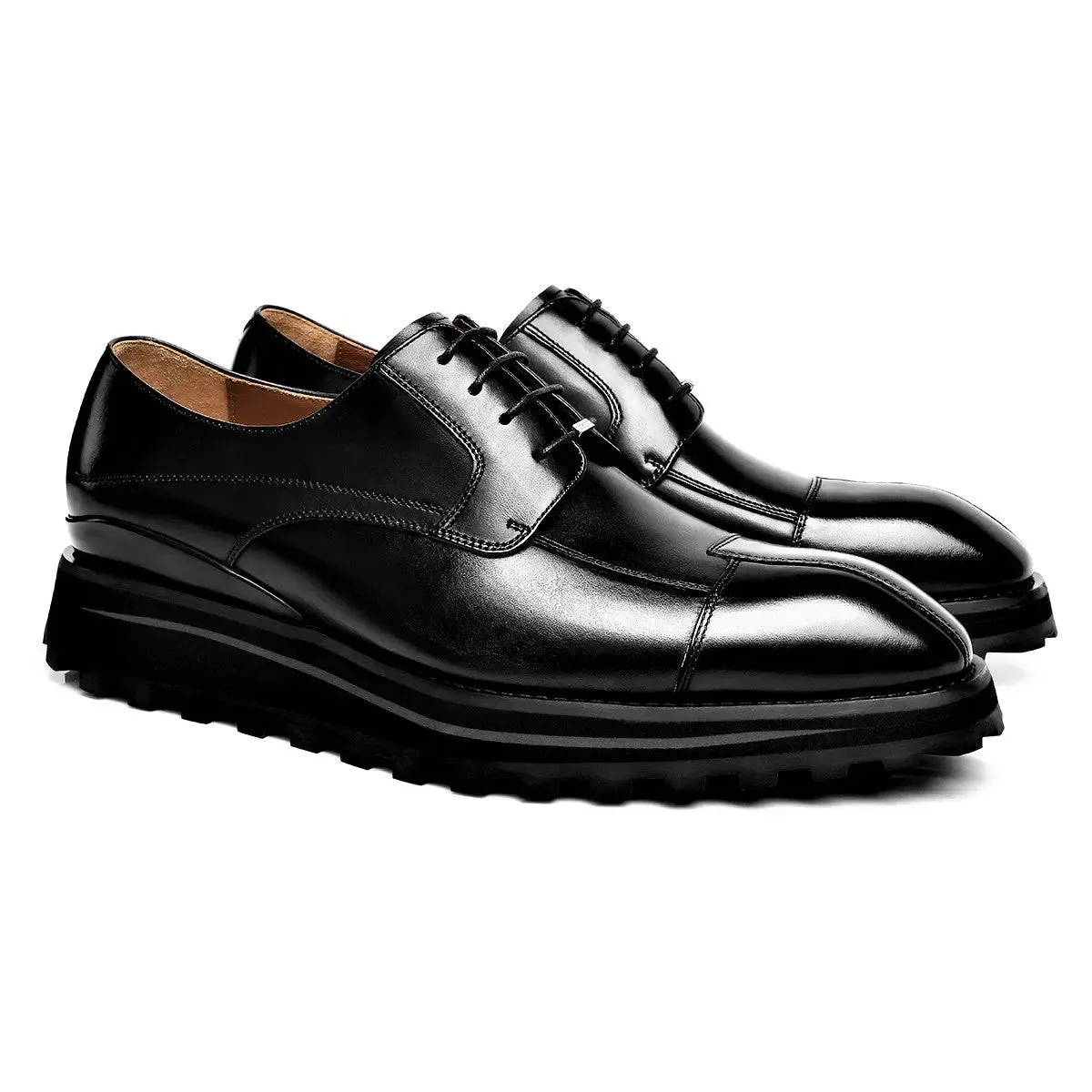 Men's Classic Calfskin Black Platform Derby Shoes 90011A