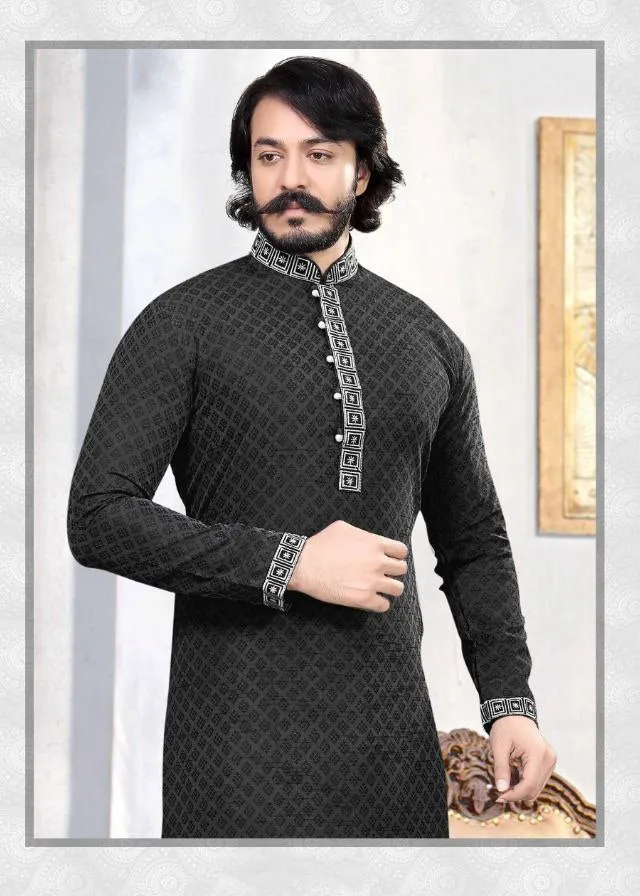 Men's Embroidered Cotton Silk Kurta Pajama Set In Black