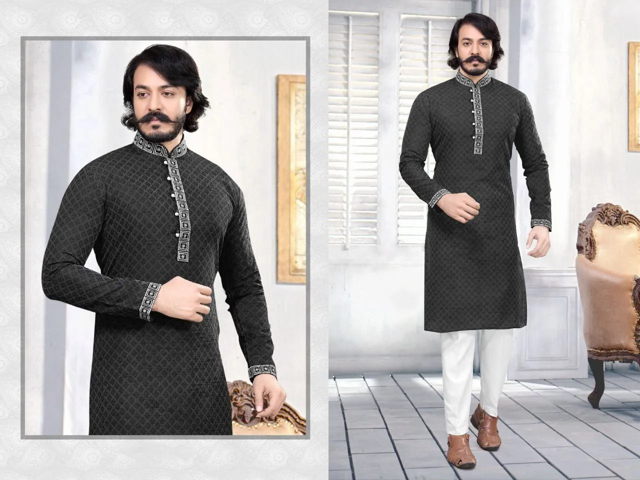 Men's Embroidered Cotton Silk Kurta Pajama Set In Black