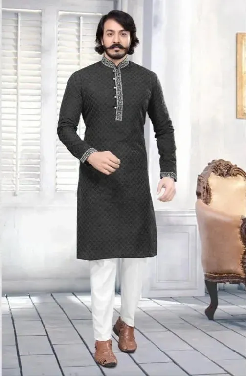 Men's Embroidered Cotton Silk Kurta Pajama Set In Black