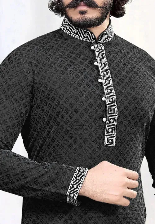 Men's Embroidered Cotton Silk Kurta Pajama Set In Black