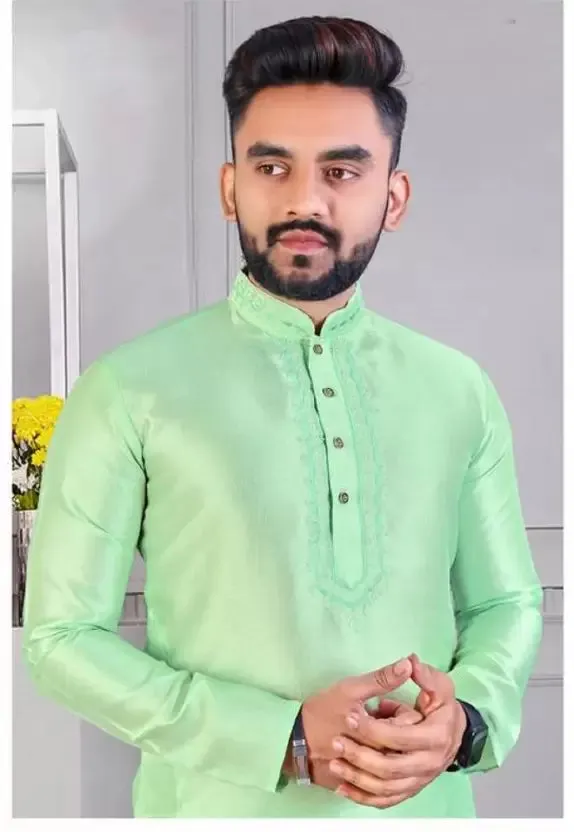 Men's Solid Embroidered Light Green Silk Kurta Pajama Set