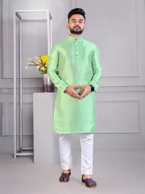 Men's Solid Embroidered Light Green Silk Kurta Pajama Set