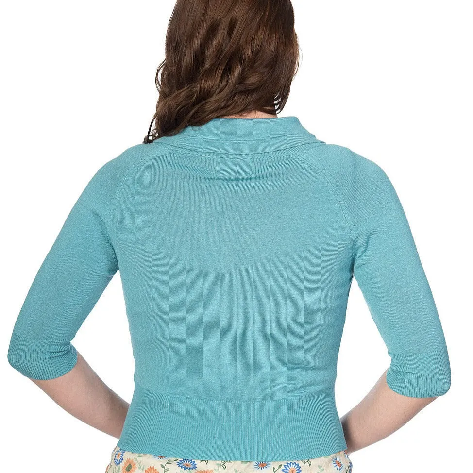 Mid Blue Short Sleeve Crop Collar Cardigan