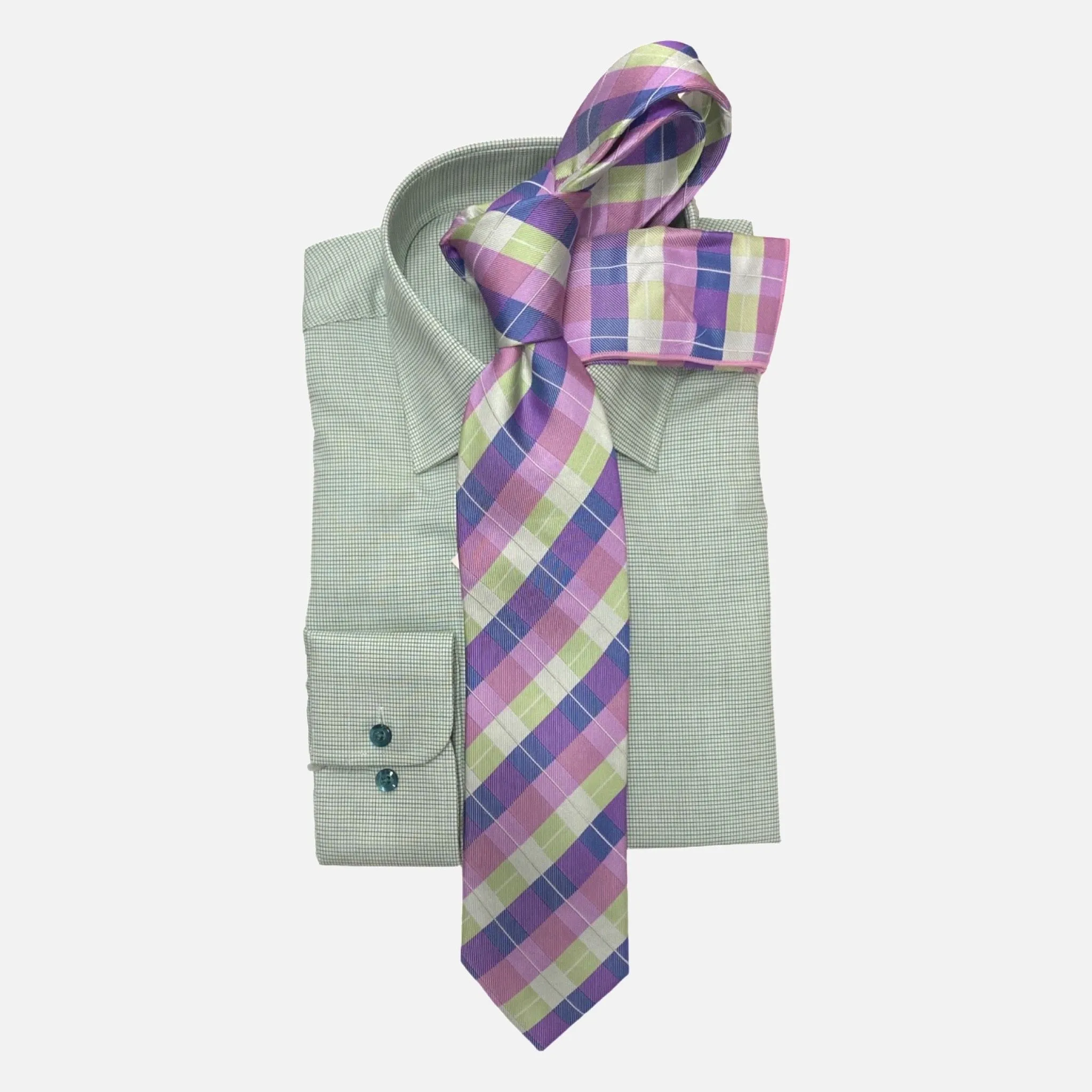 Modena Contemporary Fit Dress Shirt: Green Mini Check Line Pattern