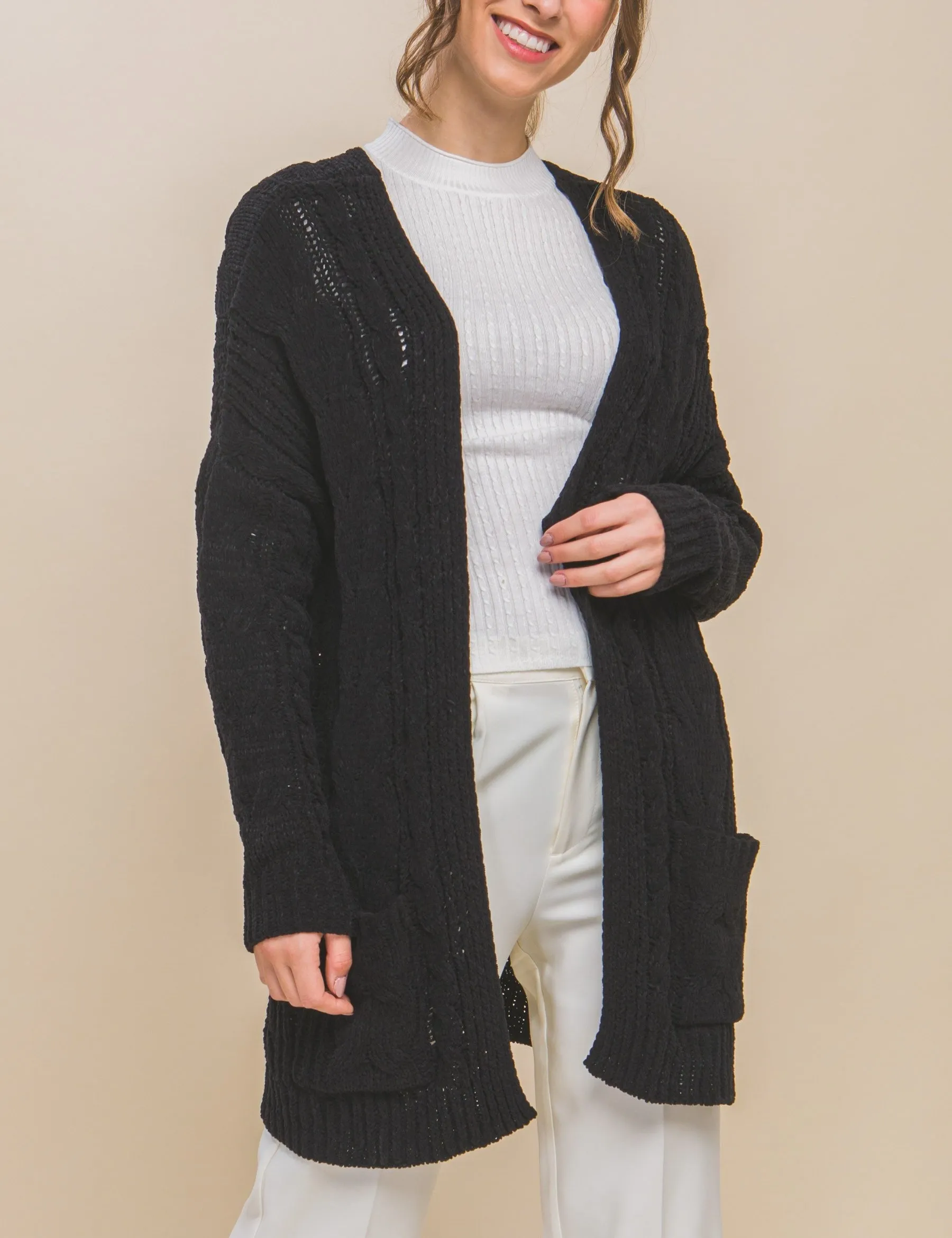 Moonbeam Cable Knit Open Front Cardi