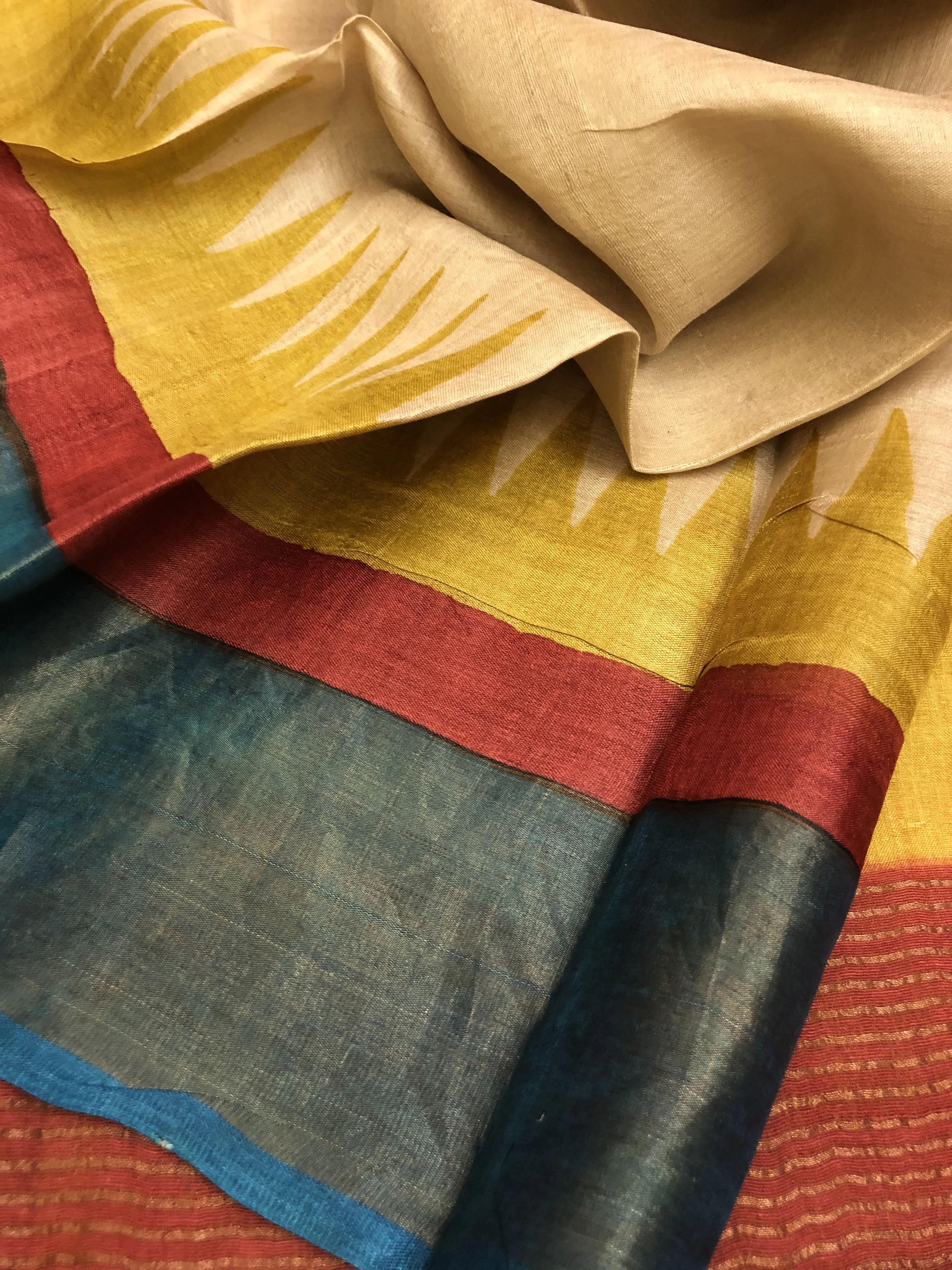 Natura Sandal Color Pure Zari Border Tussar Silk Saree with Hand Block