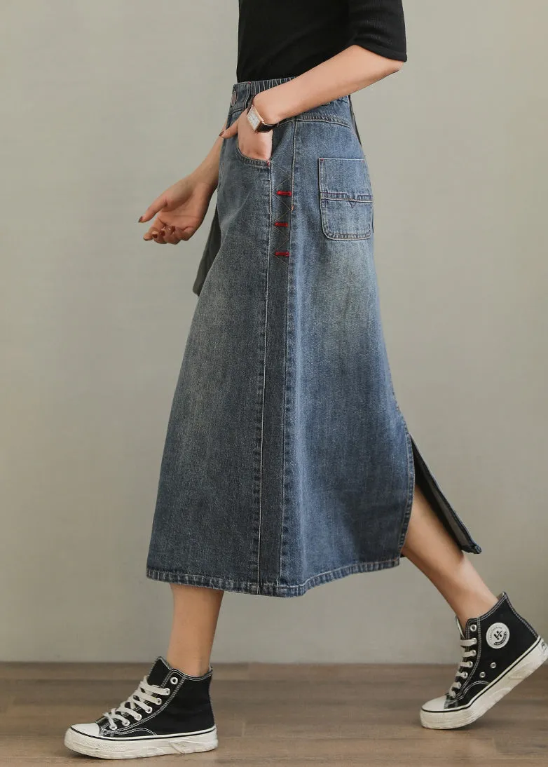 New Denim Blue Pockets Side Open High Waist Denim Skirt Summer QA1001