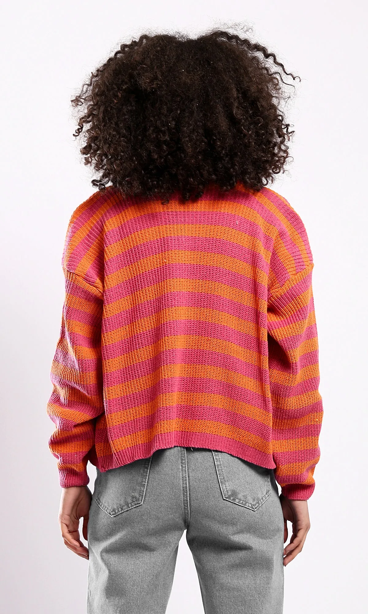 O173659 Long Sleeves Comfy Striped Cardigan - Orange & Fuchsia