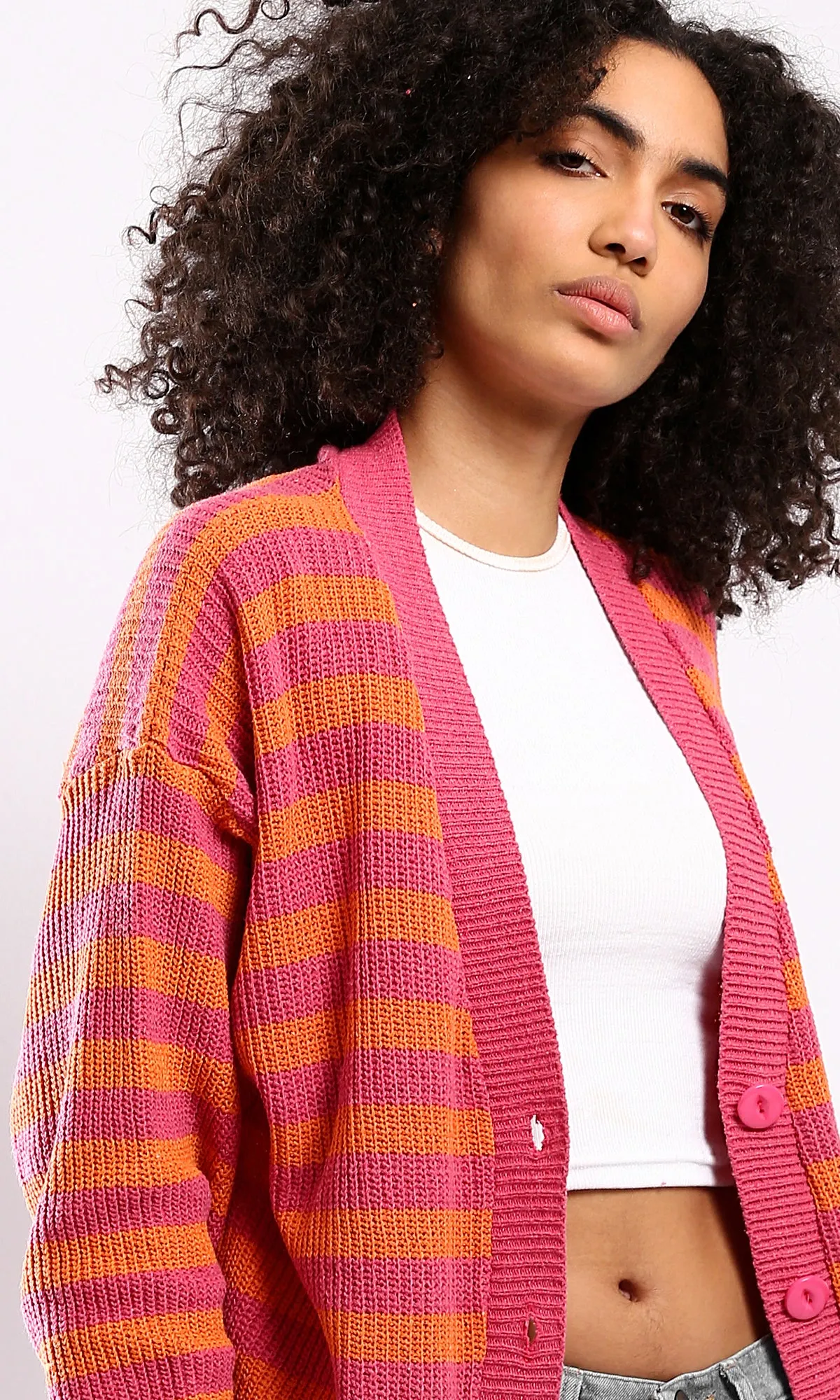 O173659 Long Sleeves Comfy Striped Cardigan - Orange & Fuchsia